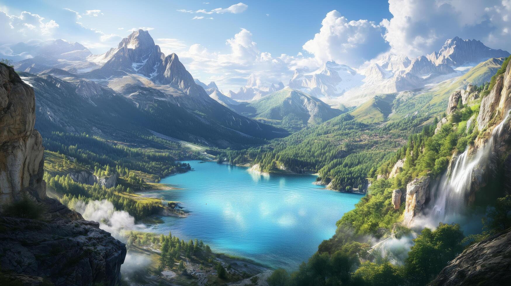 Breathtaking mountain landscape with turquoise lake and lush greenery during daylight photo