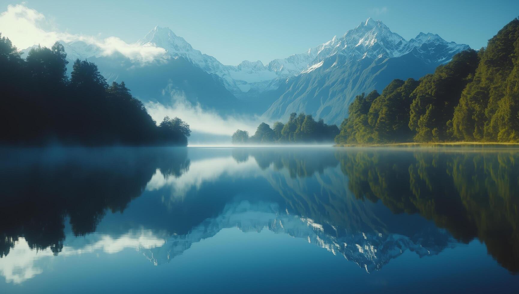 Mountain landscape reflecting in calm lake during early morning hours in a serene atmosphere photo