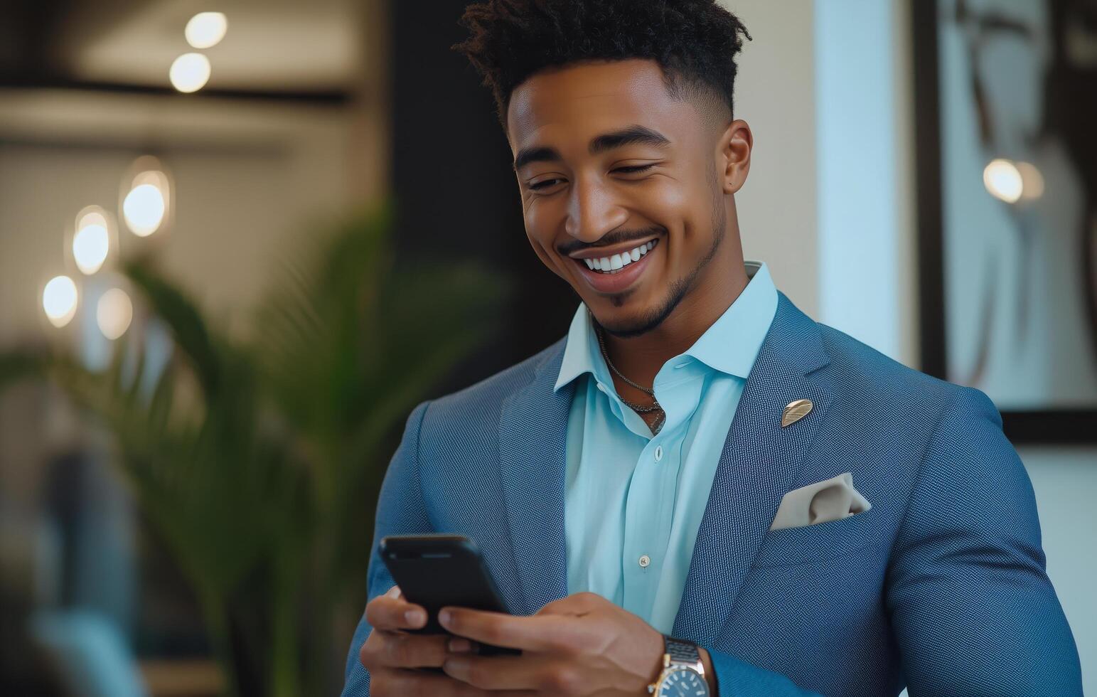 Professional man smiles while using smartphone in modern office setting during work hours photo