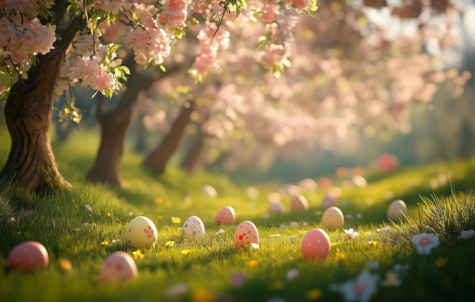 Springtime celebration with blooming trees and colorful eggs in a serene outdoor setting photo