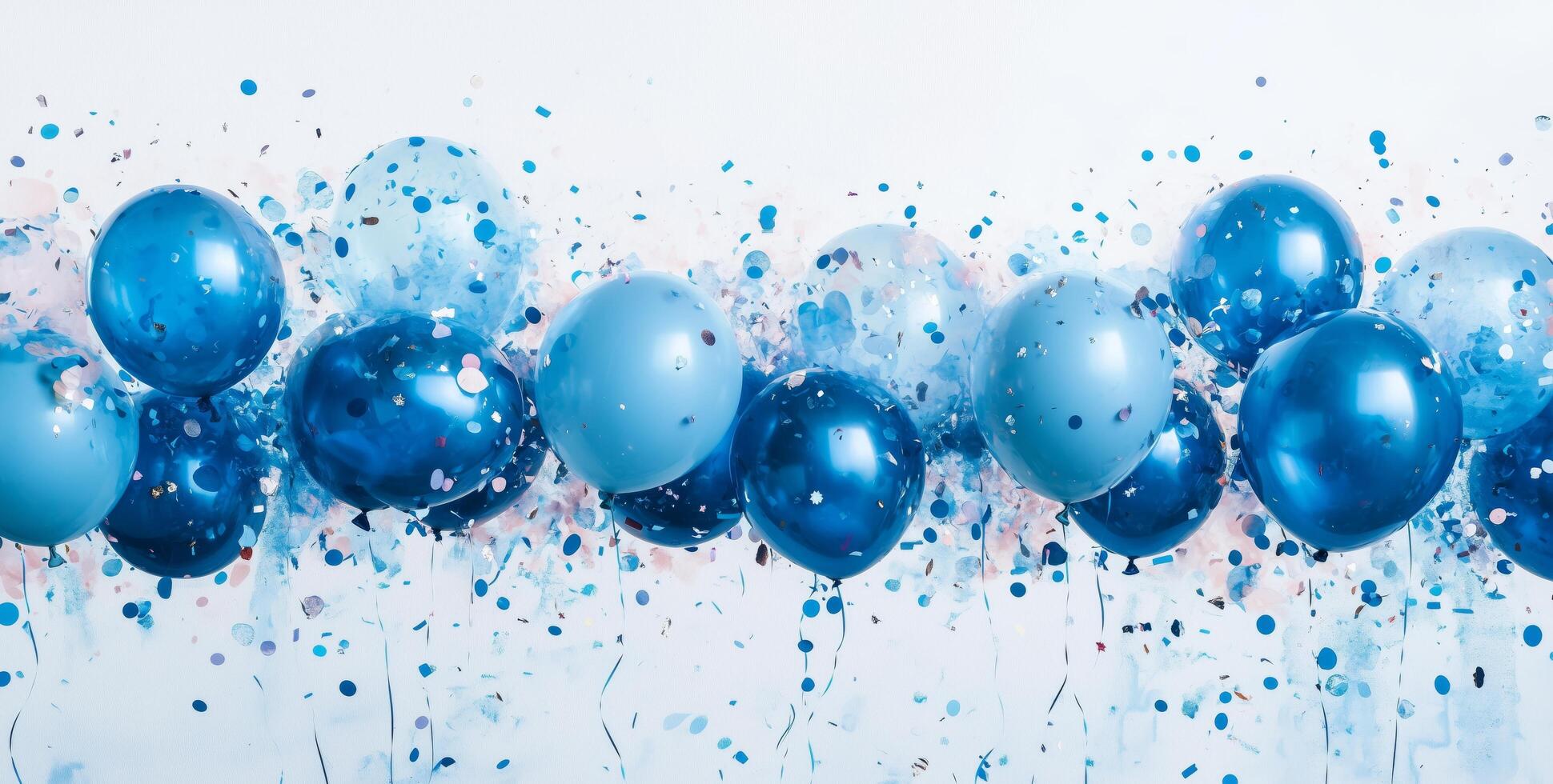 Celebration decorations with blue balloons and confetti for a special occasion in bright setting photo
