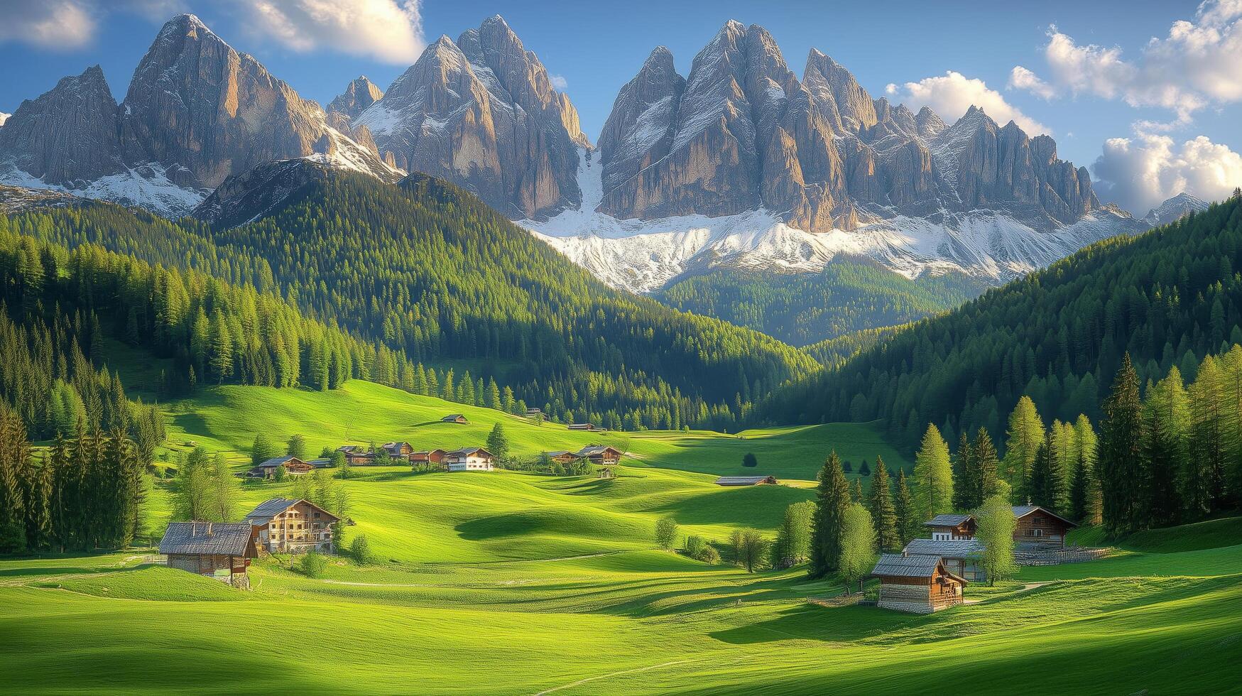Mountain landscape featuring lush green valleys and snowy peaks under a bright blue sky photo