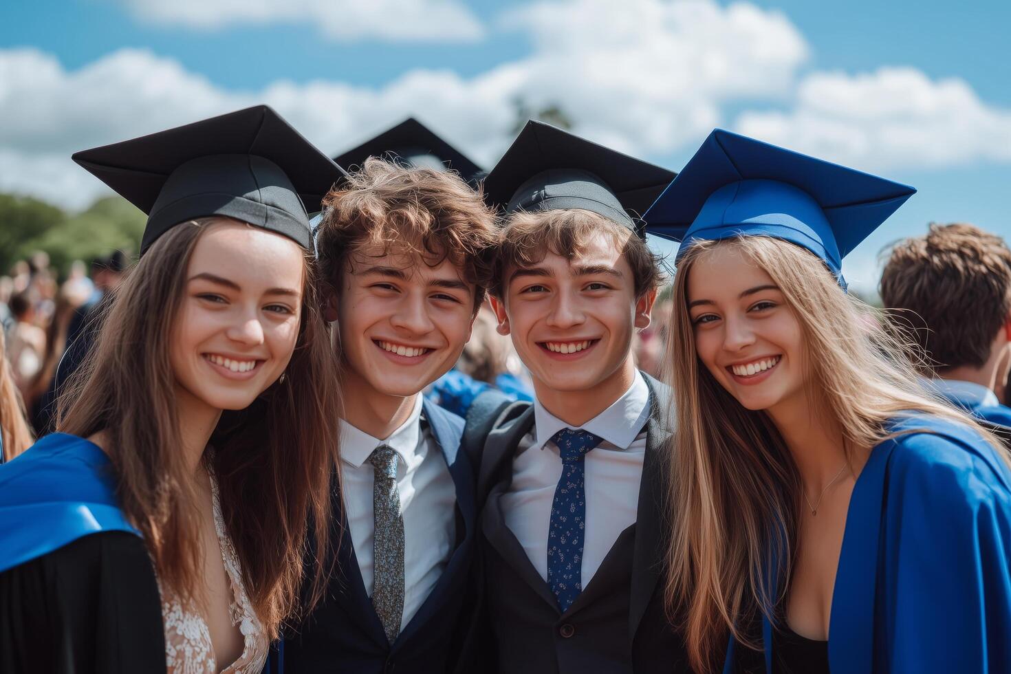 Friends celebrate after graduation ceremony in sunny outdoor setting with graduation caps photo