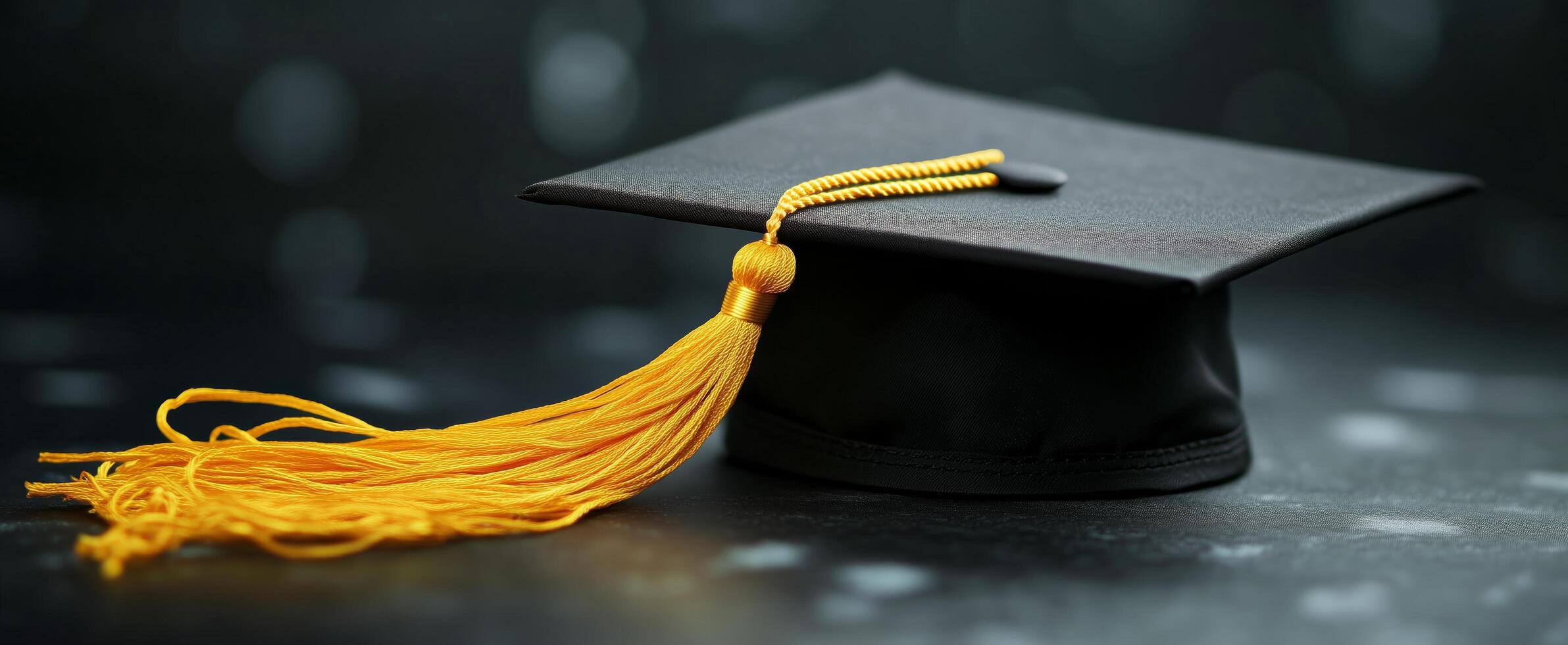 Graduation cap with yellow tassel displaying academic achievement on a blurred background photo