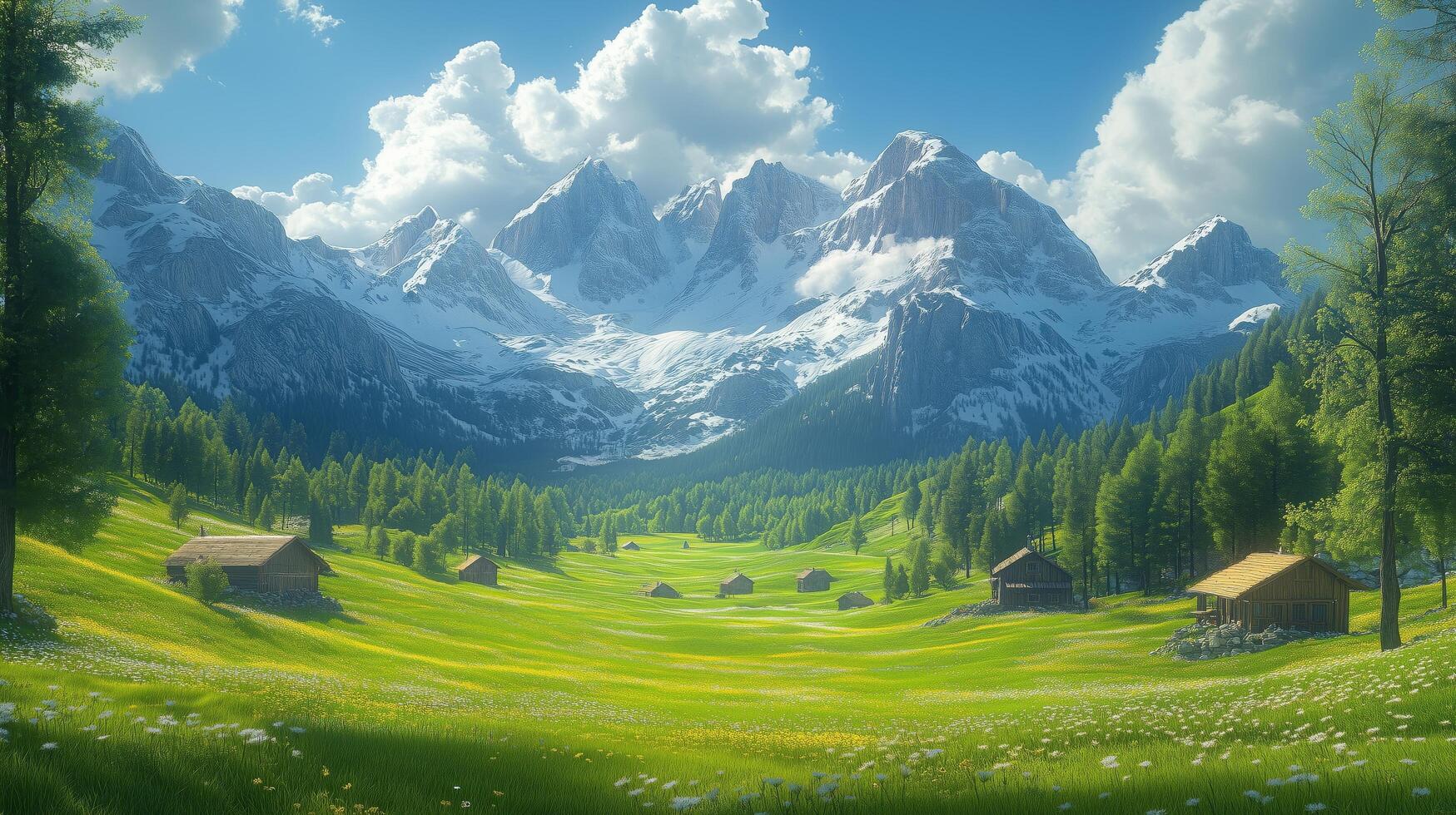 Beautiful mountain landscape with lush meadows and cabin dwellings under a clear sky photo