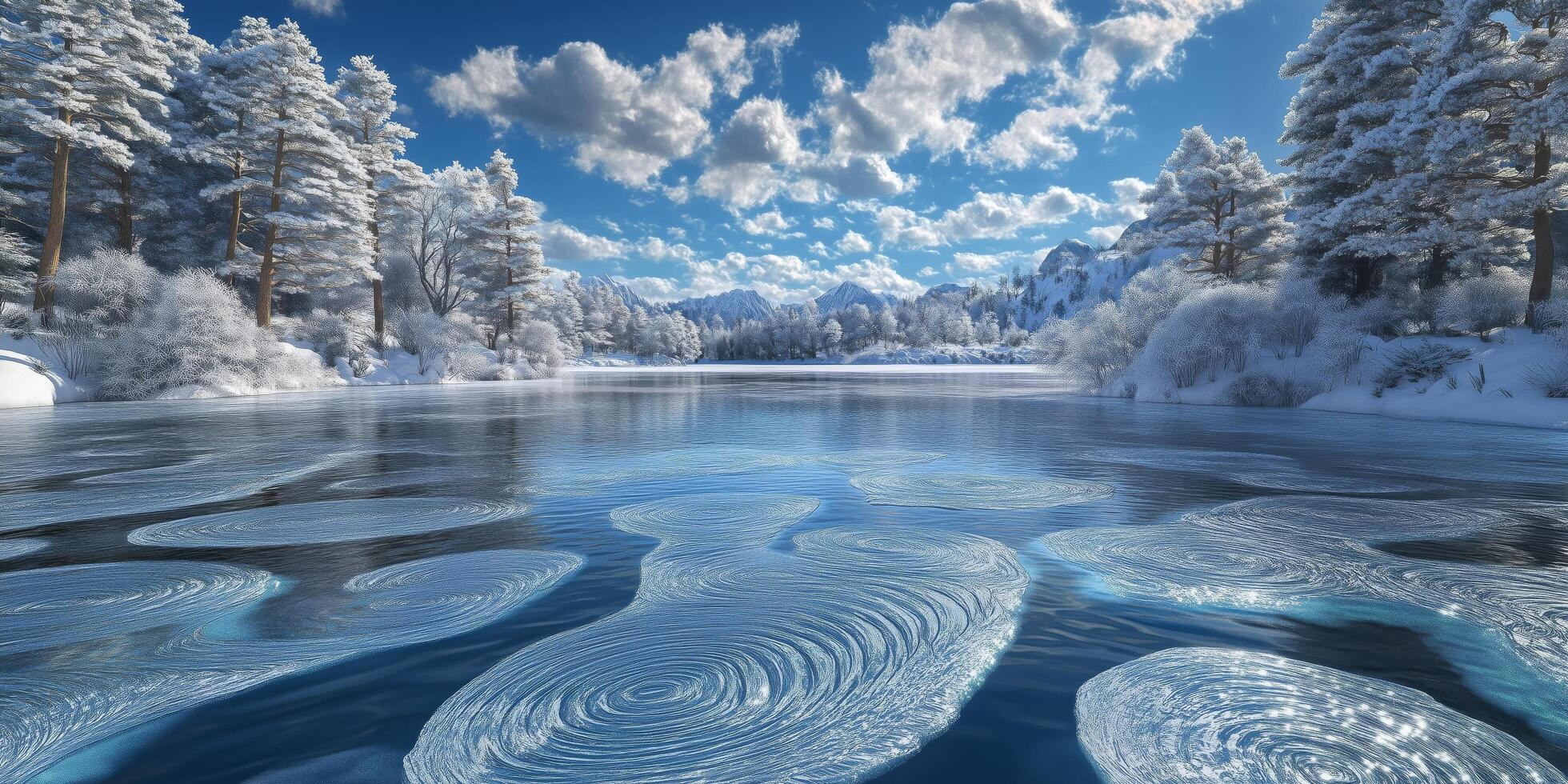 Winter landscape with swirling patterns on a frozen lake under a cloudy sky photo