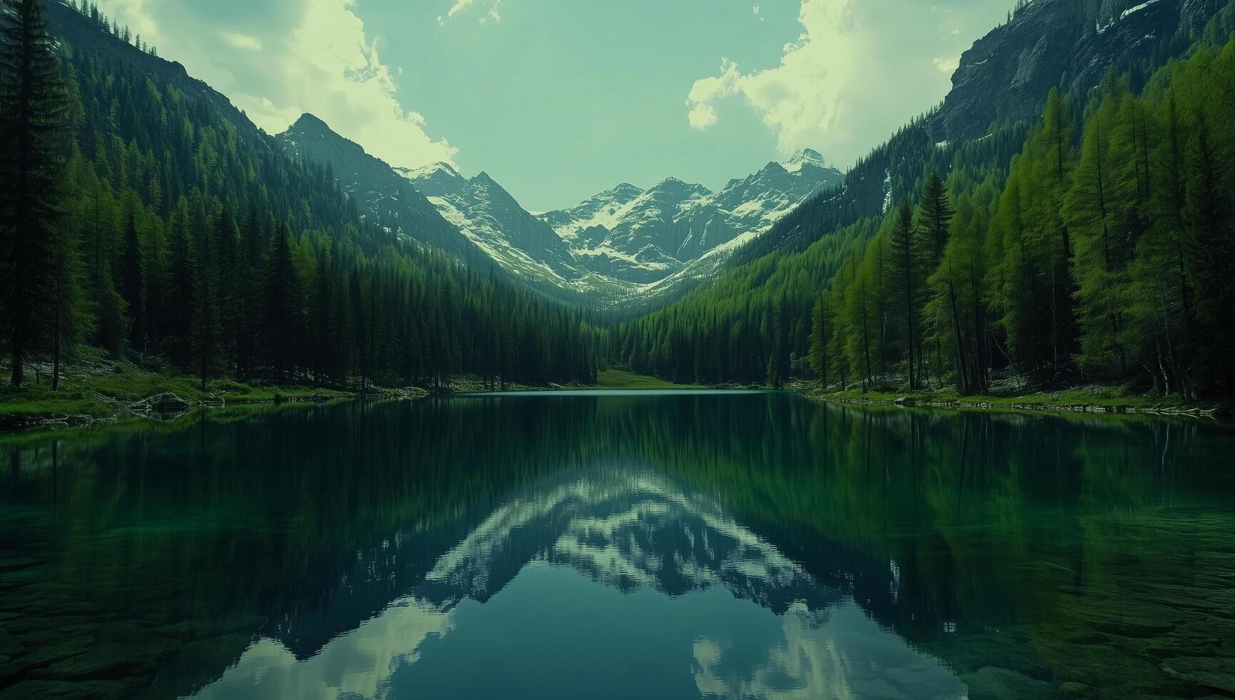 Majestic mountain view reflecting in still lake surrounded by lush forests and towering peaks photo