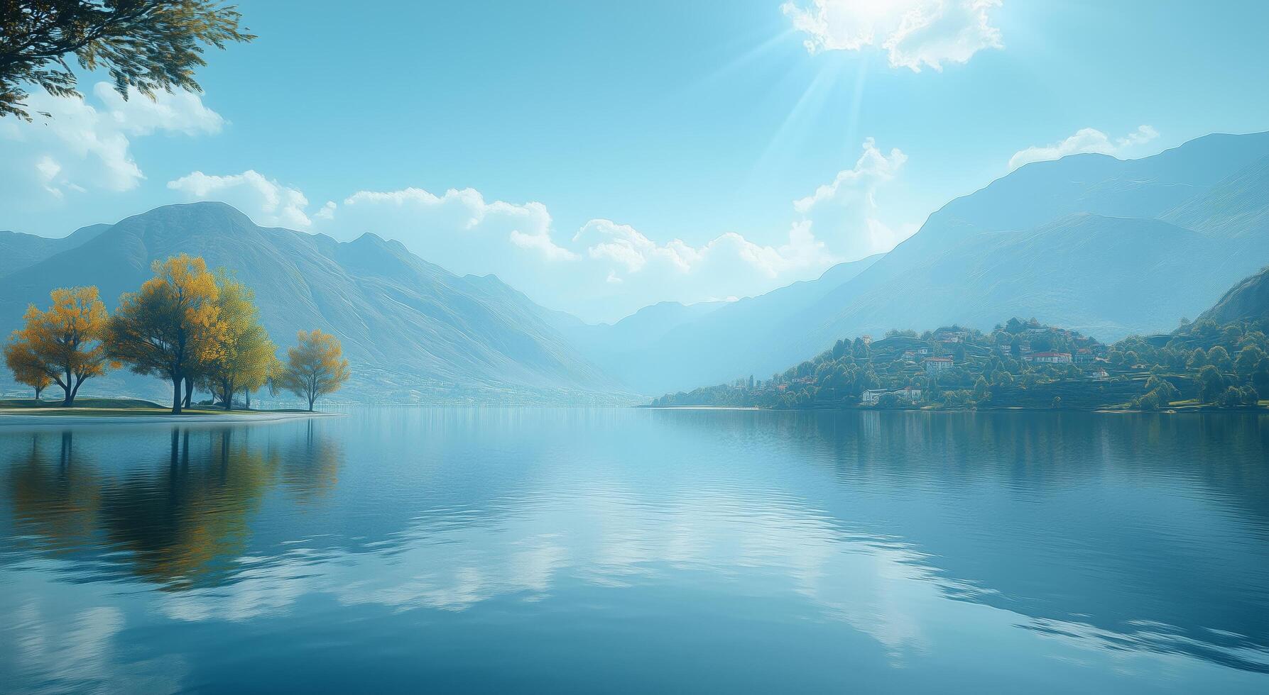 Tranquil lake view surrounded by mountains and autumn foliage during a sunny day photo