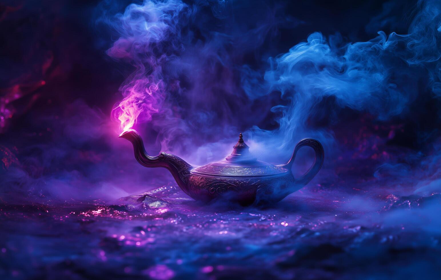 Mystical teapot with colorful smoke creating enchanting atmosphere at night photo