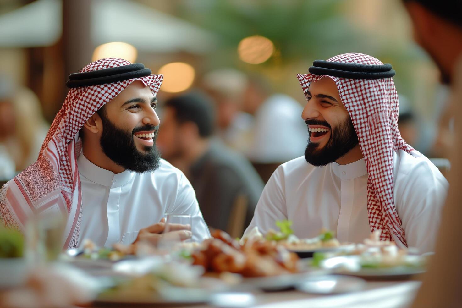 Friends sharing a joyful meal in a lively Middle Eastern restaurant during evening hours photo