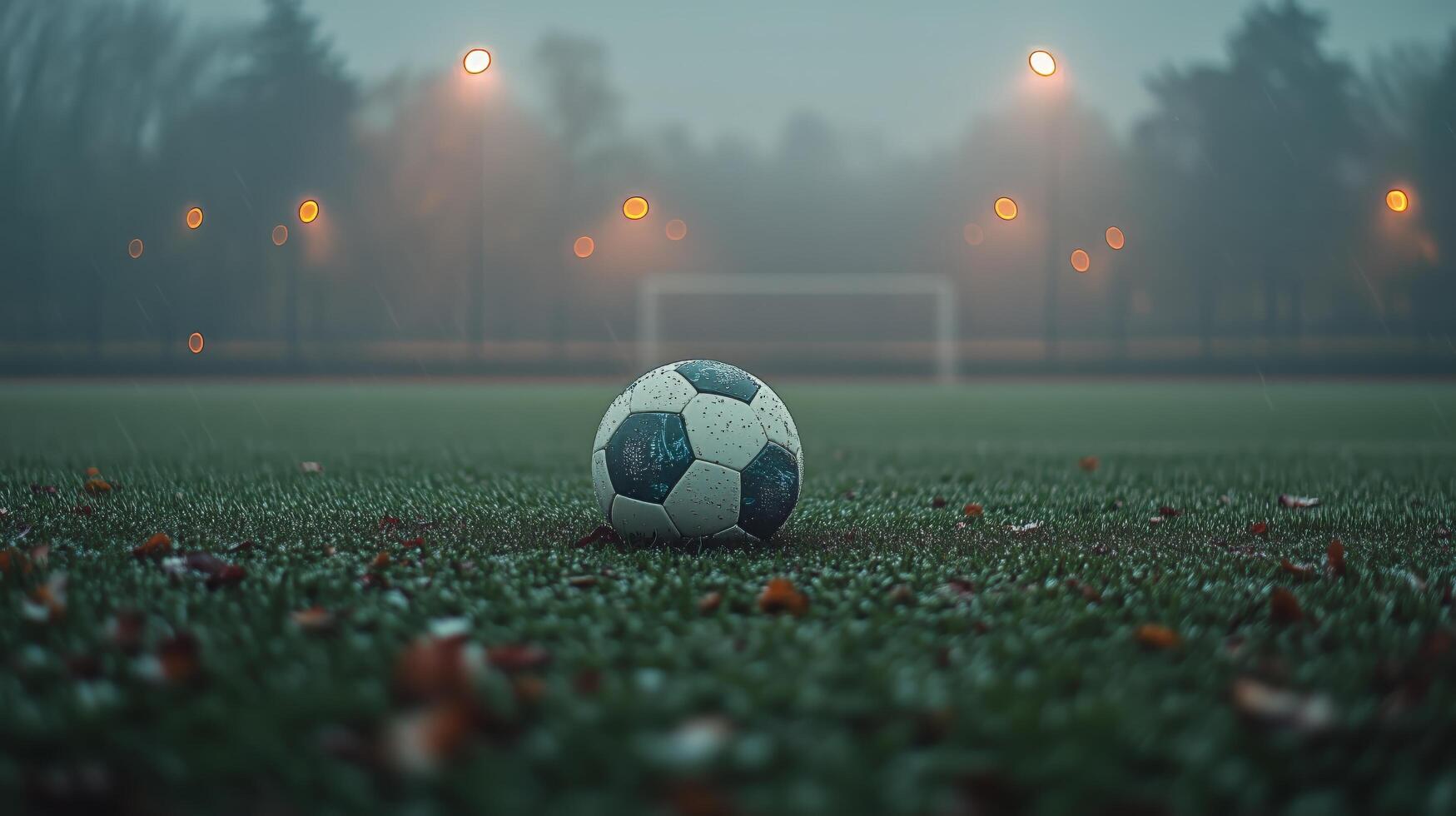 Soccer ball resting on a misty field with distant goalposts and lights in the background photo