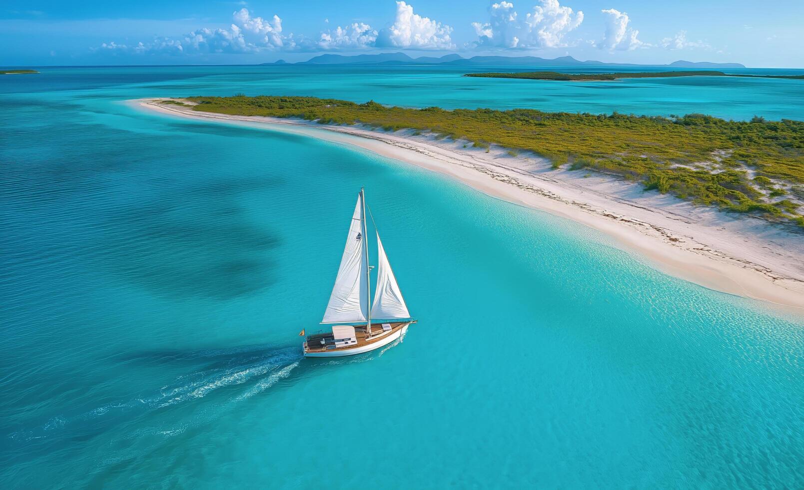 Sailing on crystal clear waters near a tropical island in the Caribbean under a bright blue sky photo