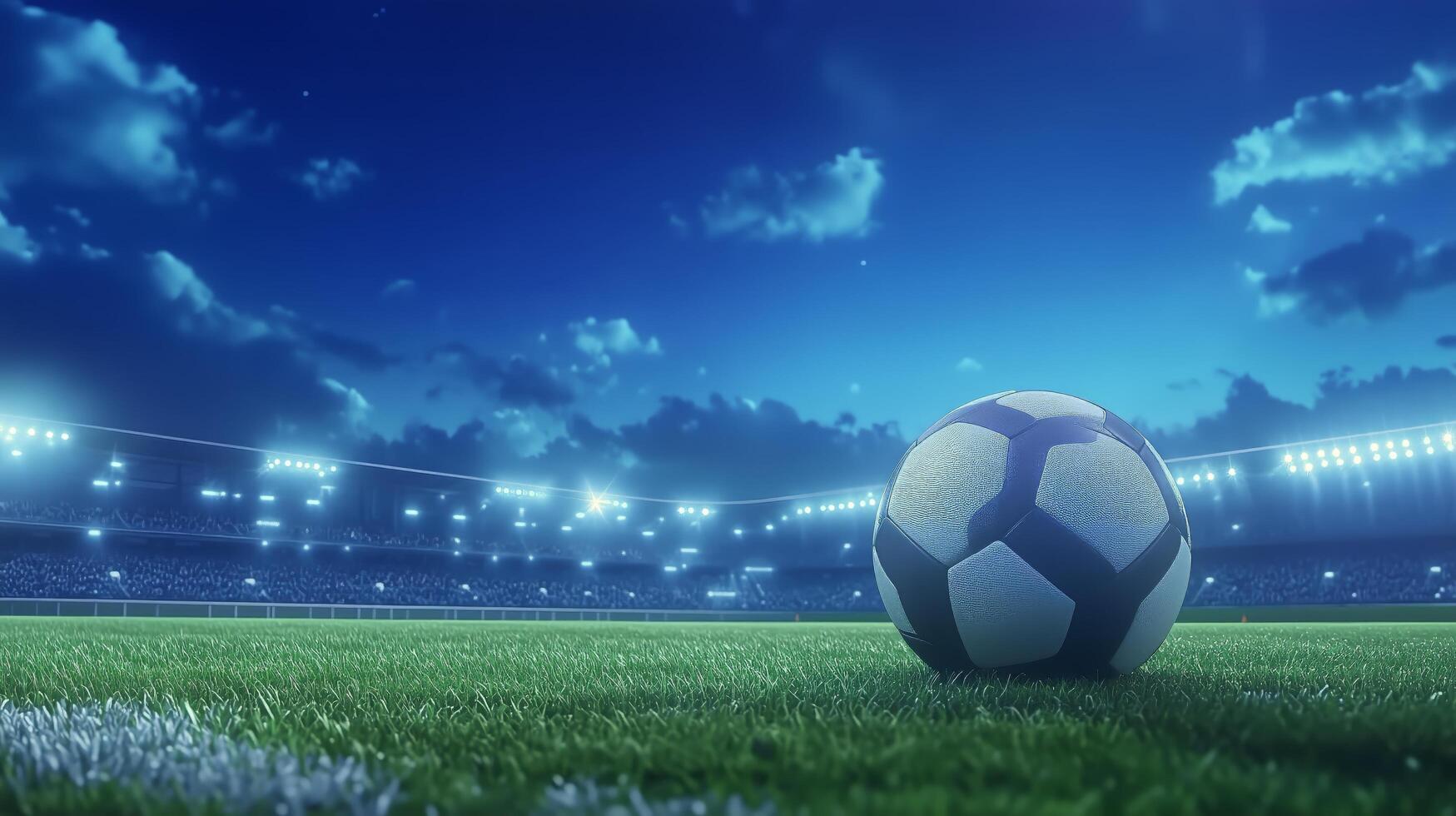 Soccer ball resting on the field under a starry sky at night during a match photo