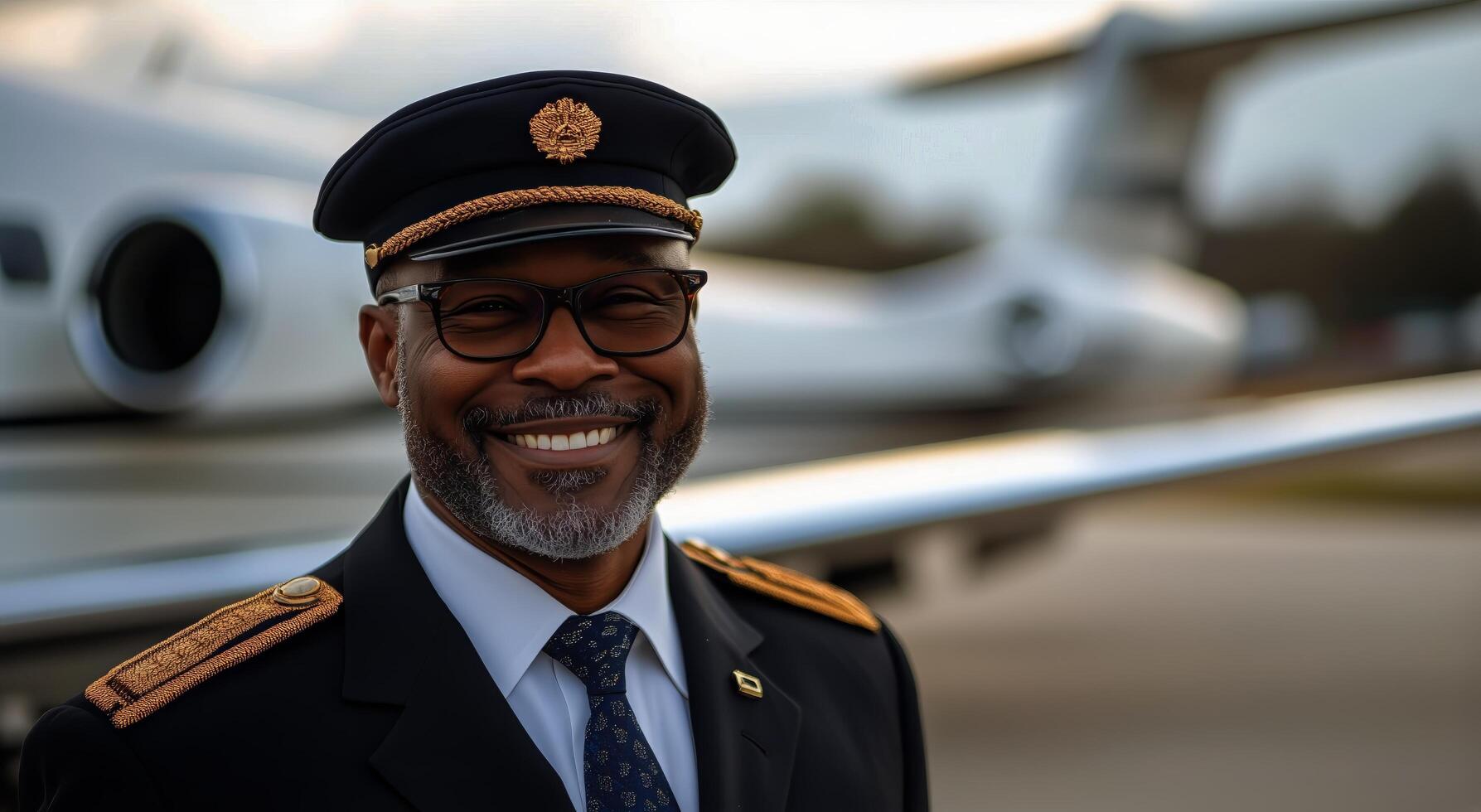 Pilot poses confidently beside private jet at airport during sunny day photo