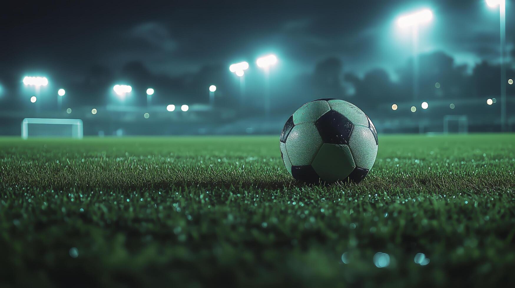 Soccer ball resting on a wet field under bright stadium lights at night photo