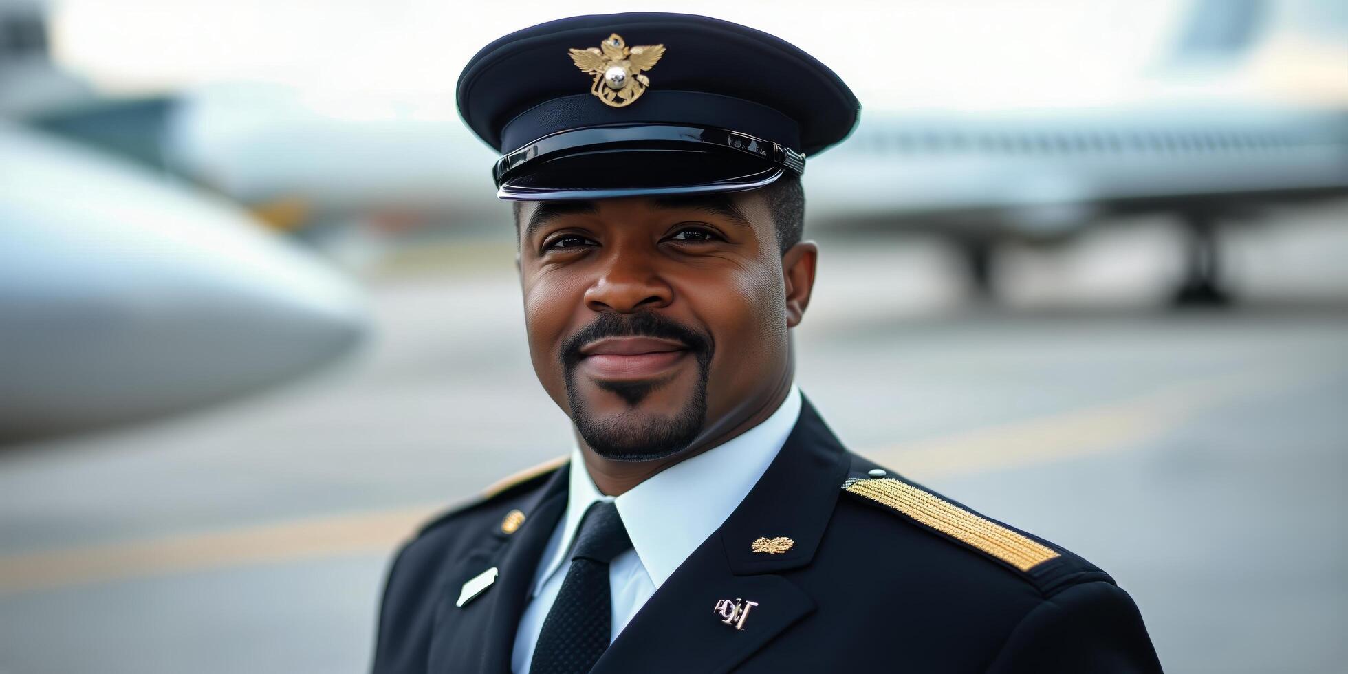 Pilot in uniform poses proudly at an airport runway during daytime photo