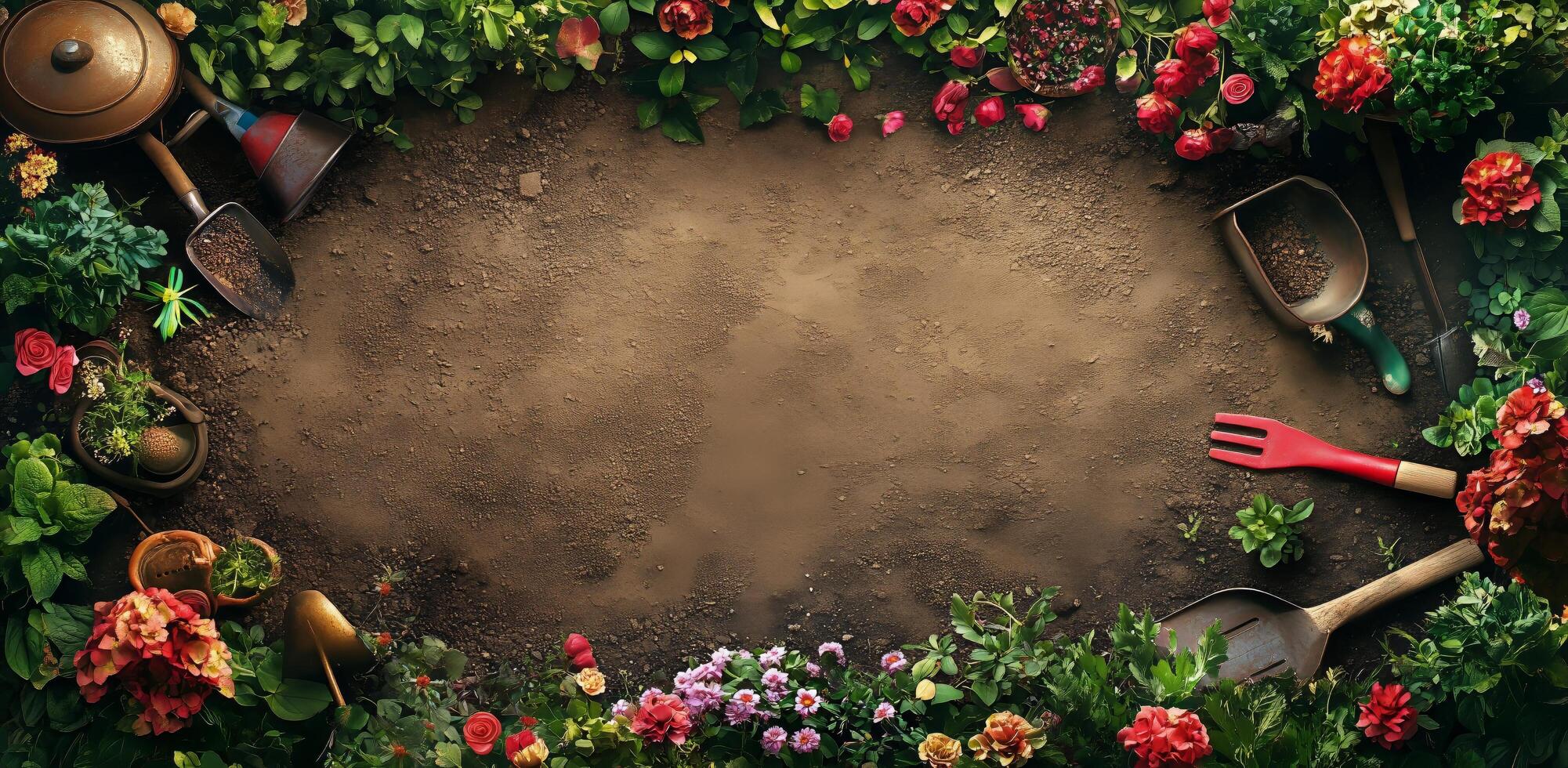 Garden bed preparation with colorful plants and gardening tools arranged neatly photo