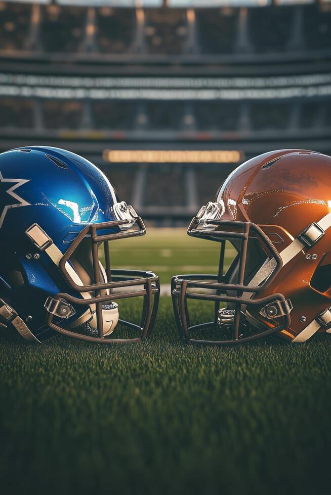 Rival football helmets ready for competition in a stadium setting during game day photo
