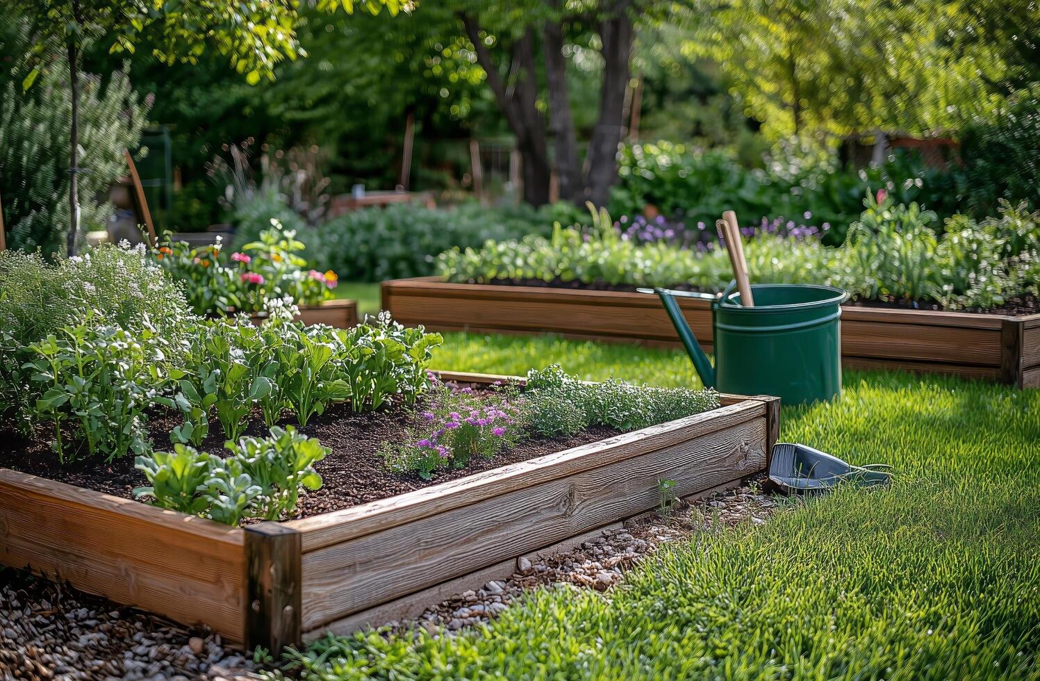 Bright garden beds filled with vegetables and flowers in a sunny outdoor space photo