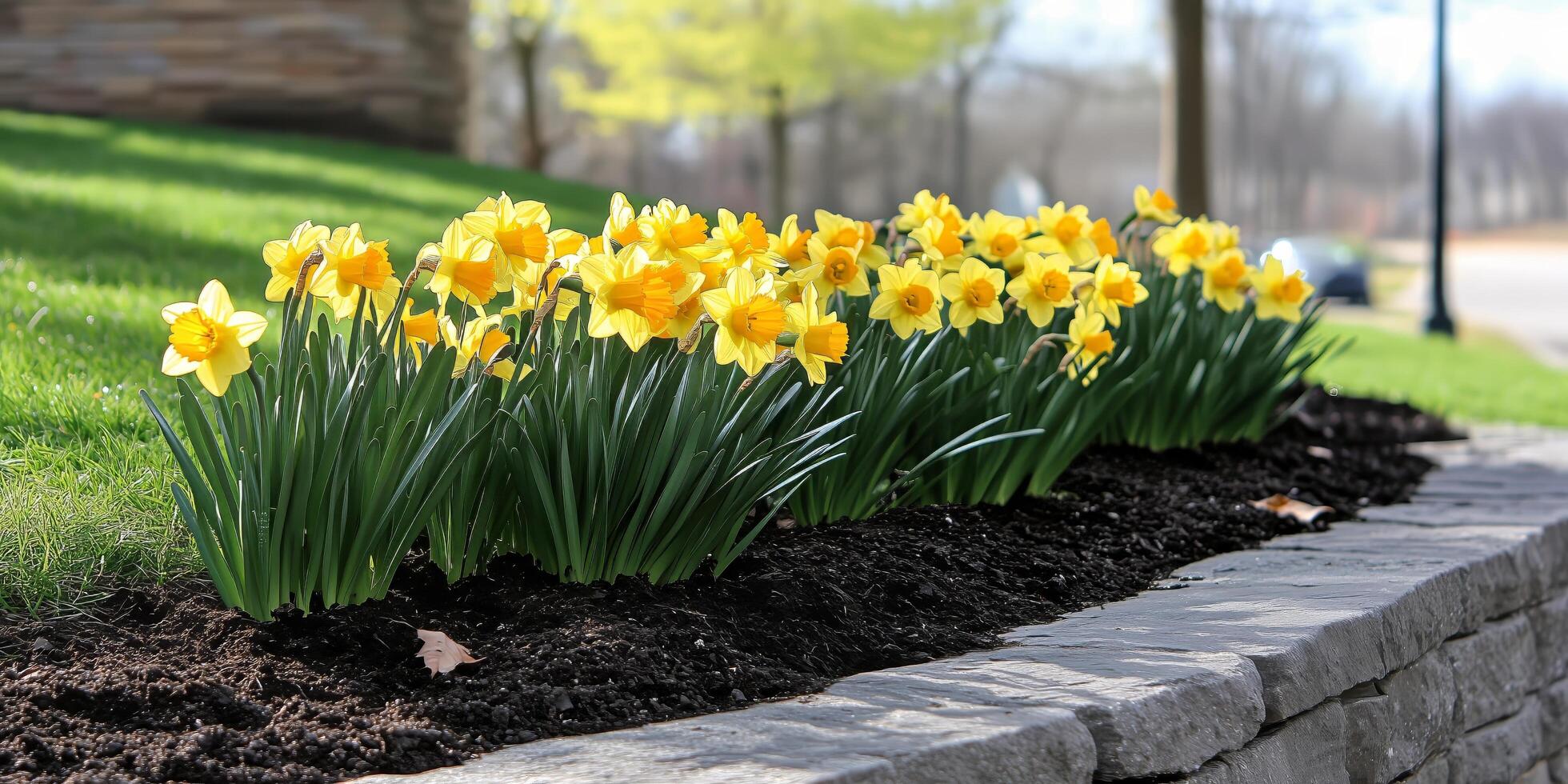 Fresh daffodils bloom in a well-kept garden along a sunny roadside in springtime photo