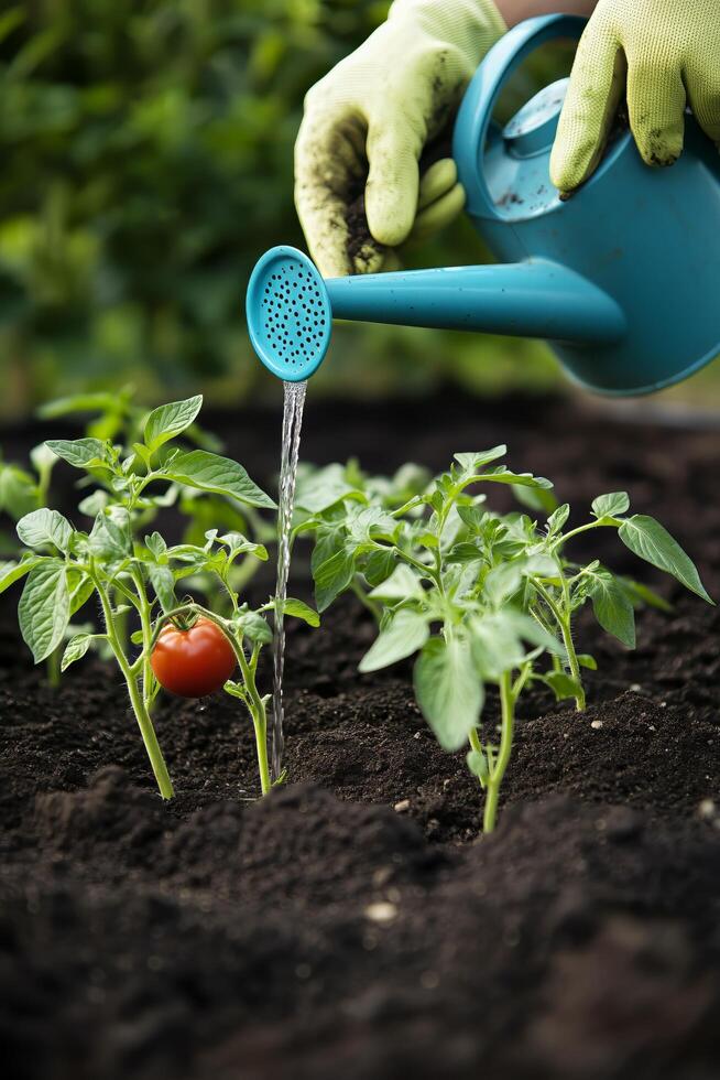 Watering tomato plants in a garden setting on a sunny day in spring photo