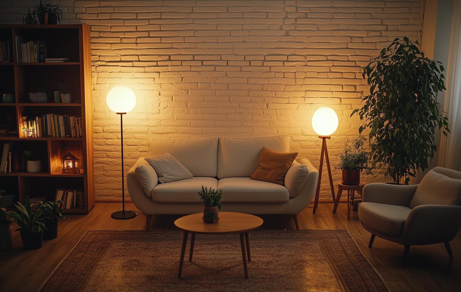 Cozy living room with warm lighting and plants in a modern space photo