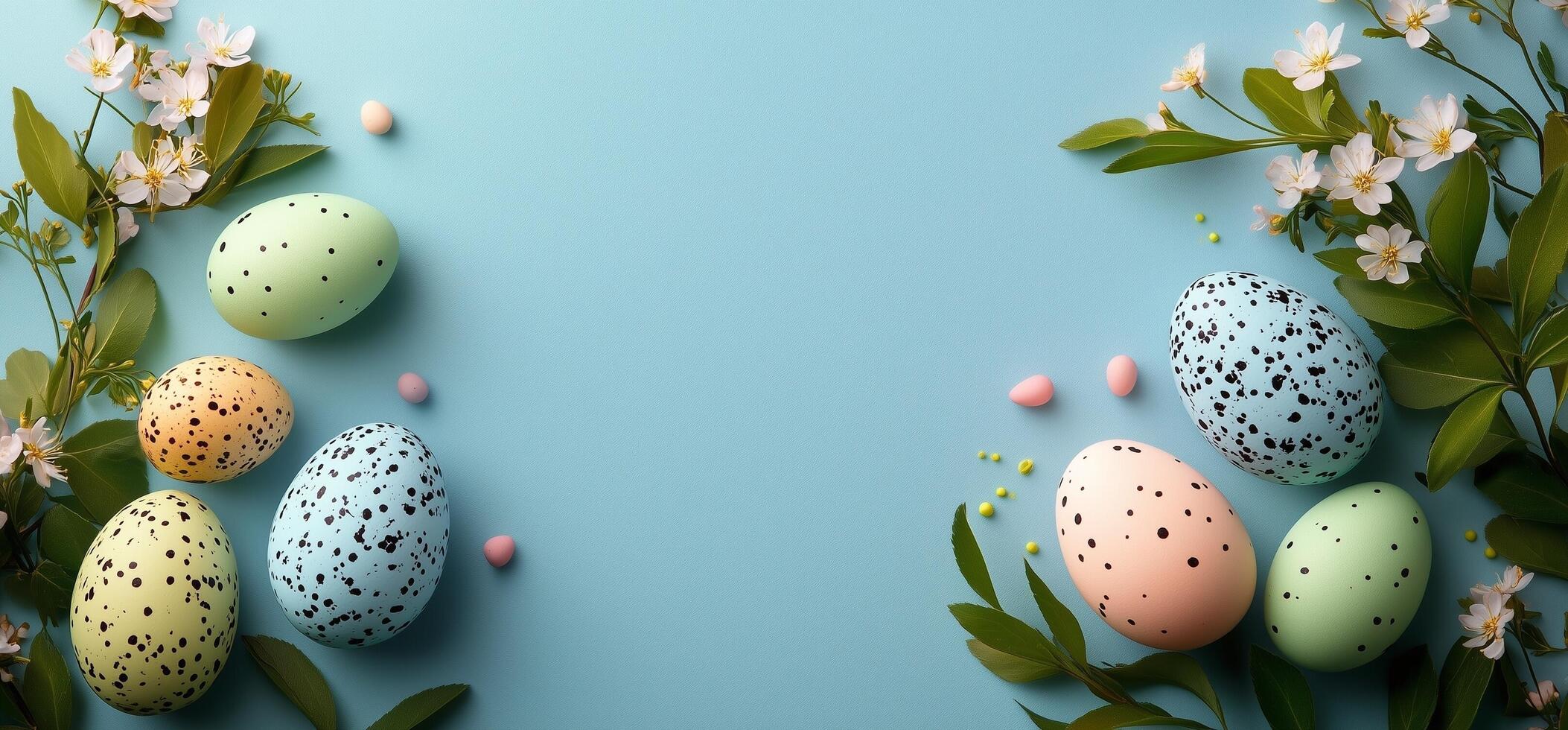 Decorative Easter eggs with spring flowers and leaves on a blue background for festive celebration photo