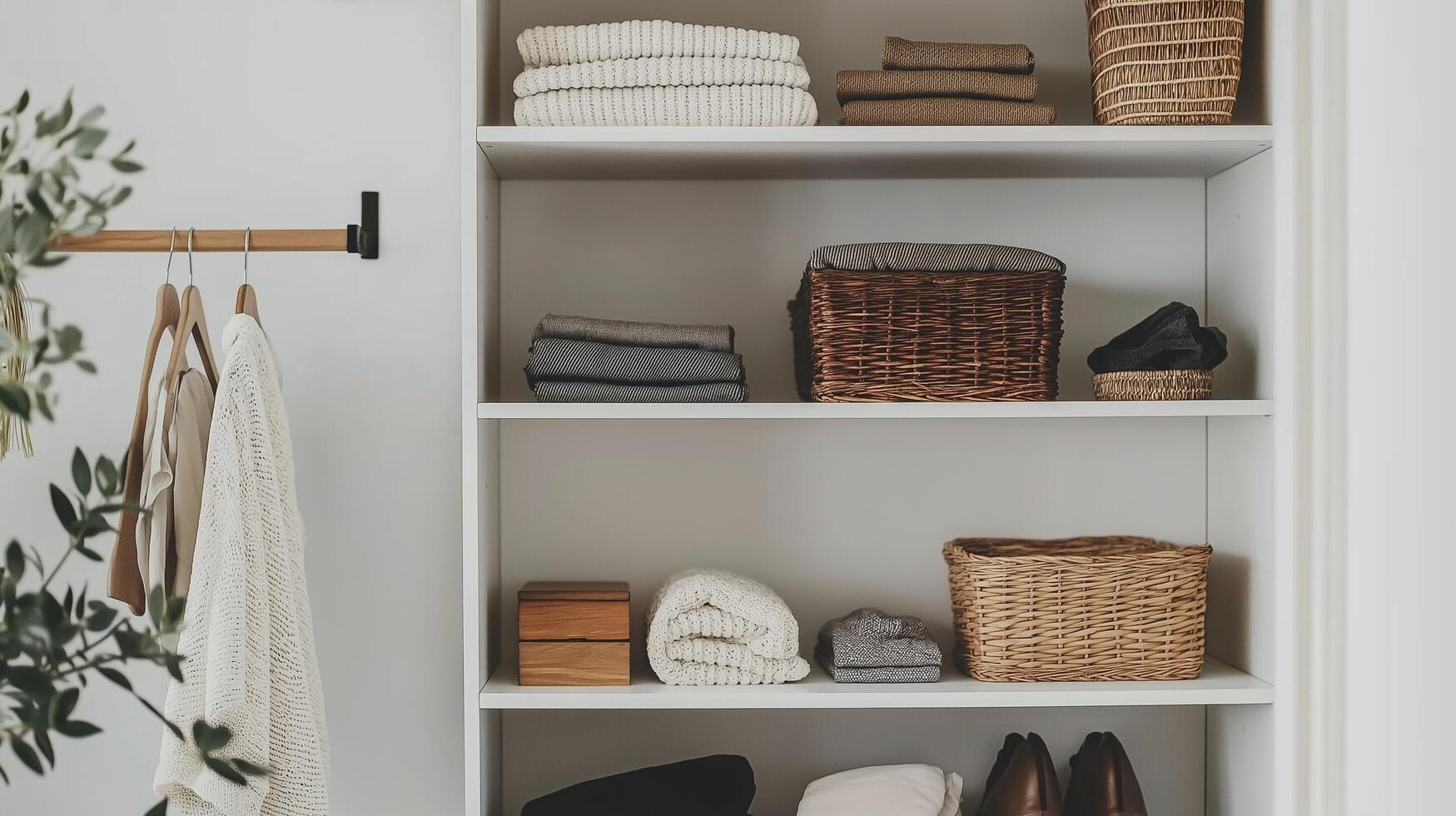Organized wardrobe with neatly folded clothes and baskets in a cozy space photo