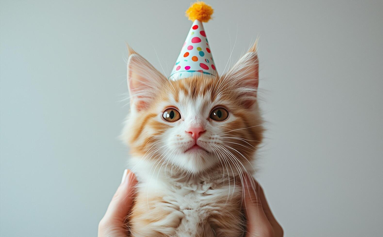 Festive kitten wearing a party hat while being held by a person photo
