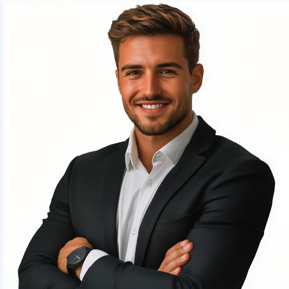 Professional young man in suit smiling confidently with crossed arms against white background photo