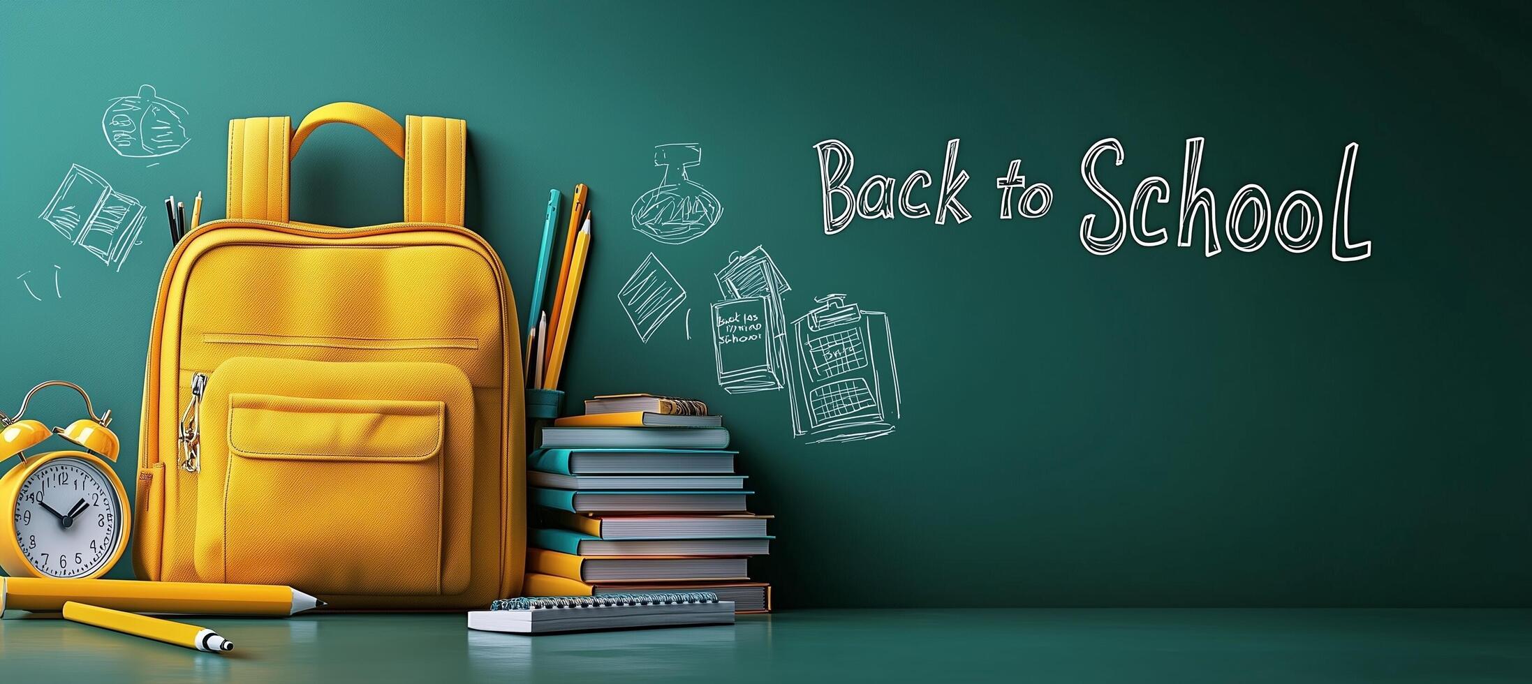 Back to school preparations with a yellow backpack and school supplies on a green chalkboard photo