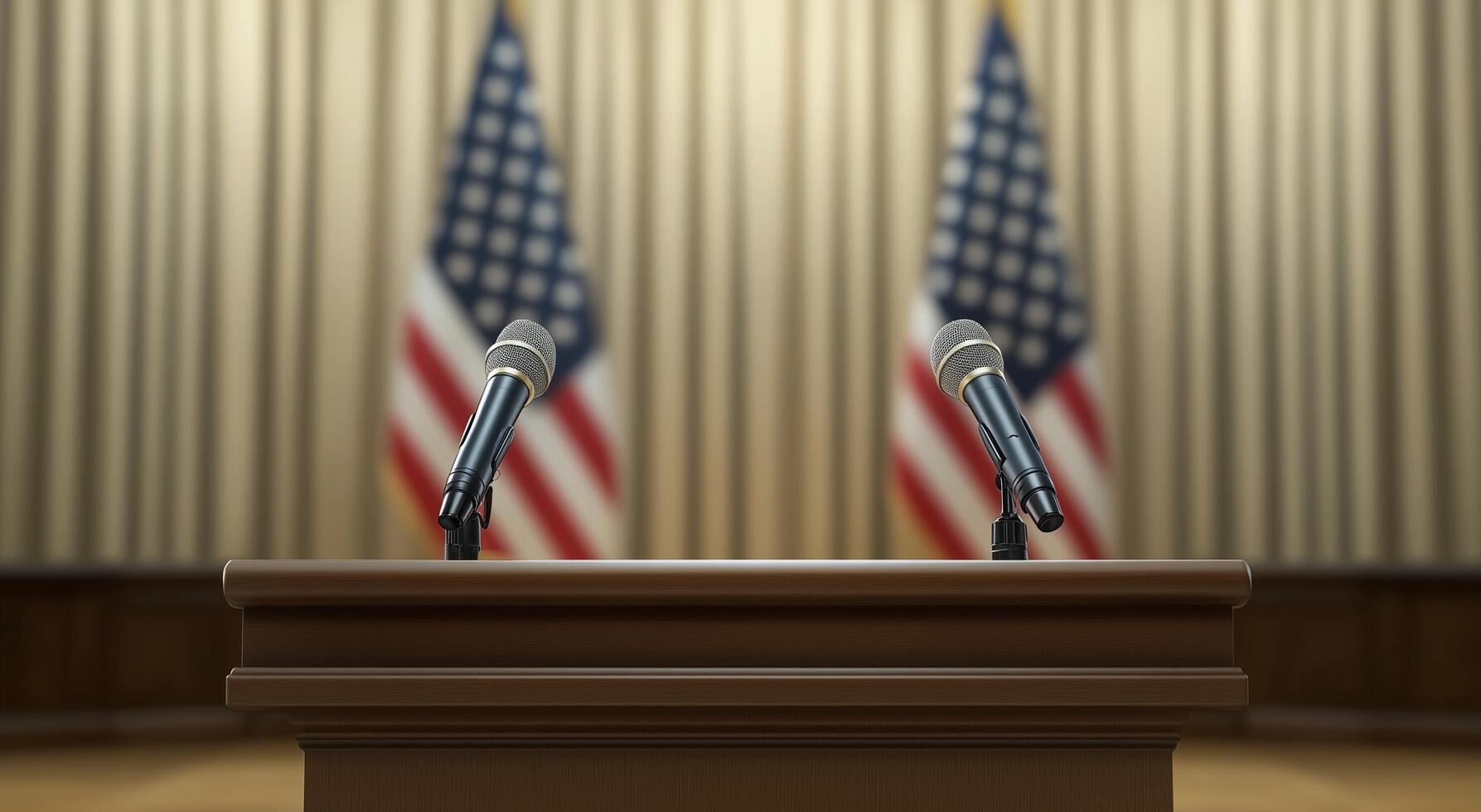 Preparation for a press conference at a government venue with American flags in the background photo