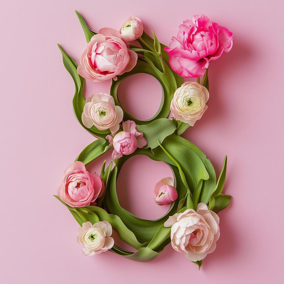 Floral arrangement featuring the number eight made with pink flowers and green leaves photo