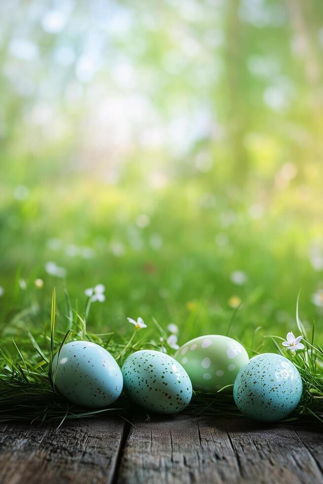 Colorful easter eggs resting on grass with a blurred green background in a peaceful spring setting photo