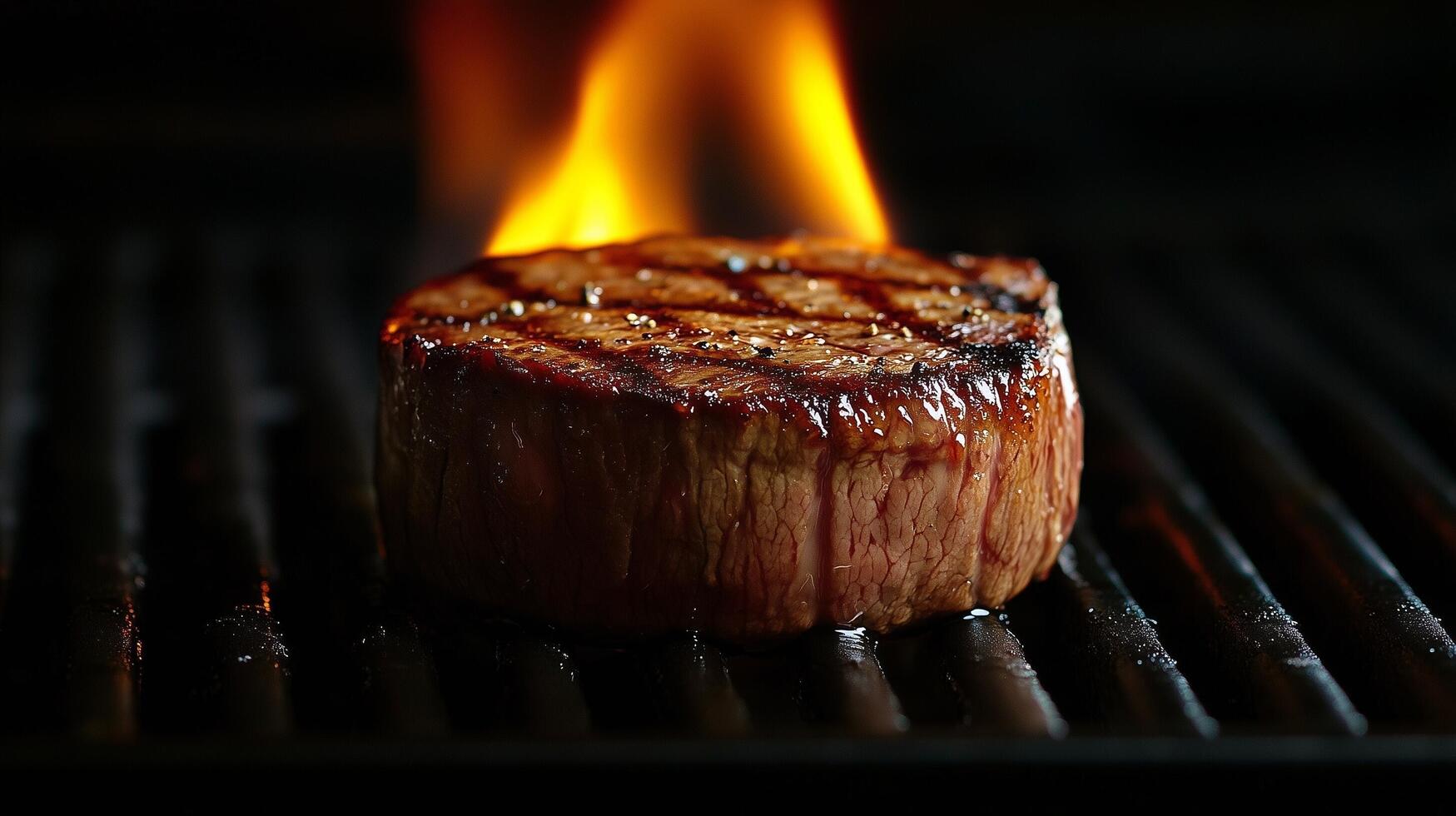 Perfectly grilled steak sizzling over an open flame at a barbecue in a backyard setting photo