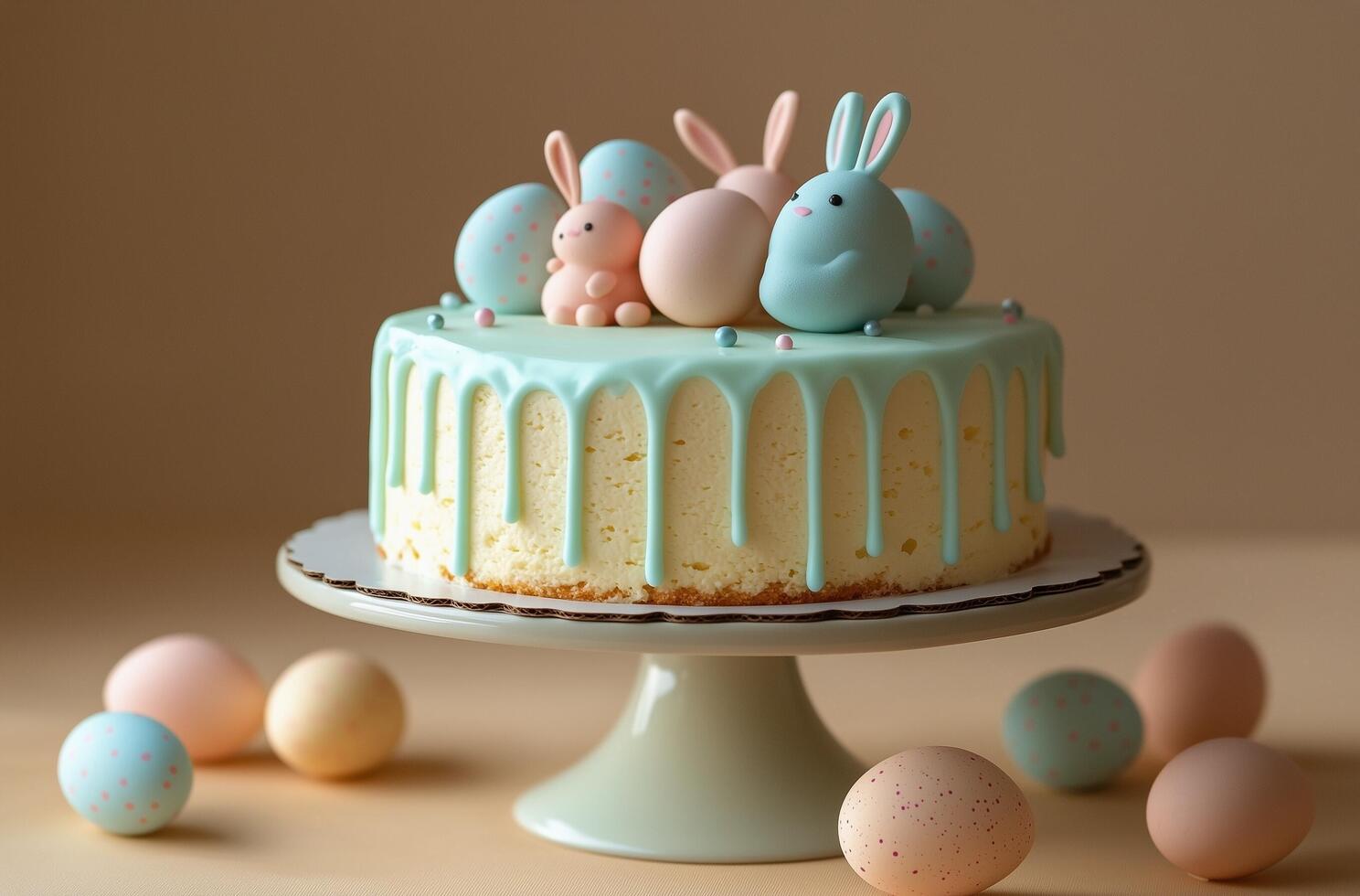 Delightful pastel Easter cake decorated with bunnies and eggs on a simple stand photo