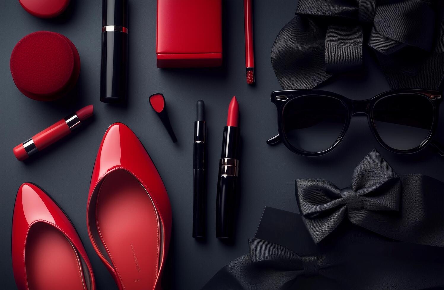 Red beauty essentials displayed on dark background for chic fashion flat lay arrangement photo