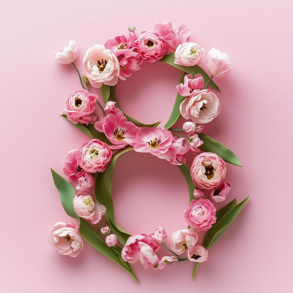 Floral arrangement forms the number eight on a soft pink background photo