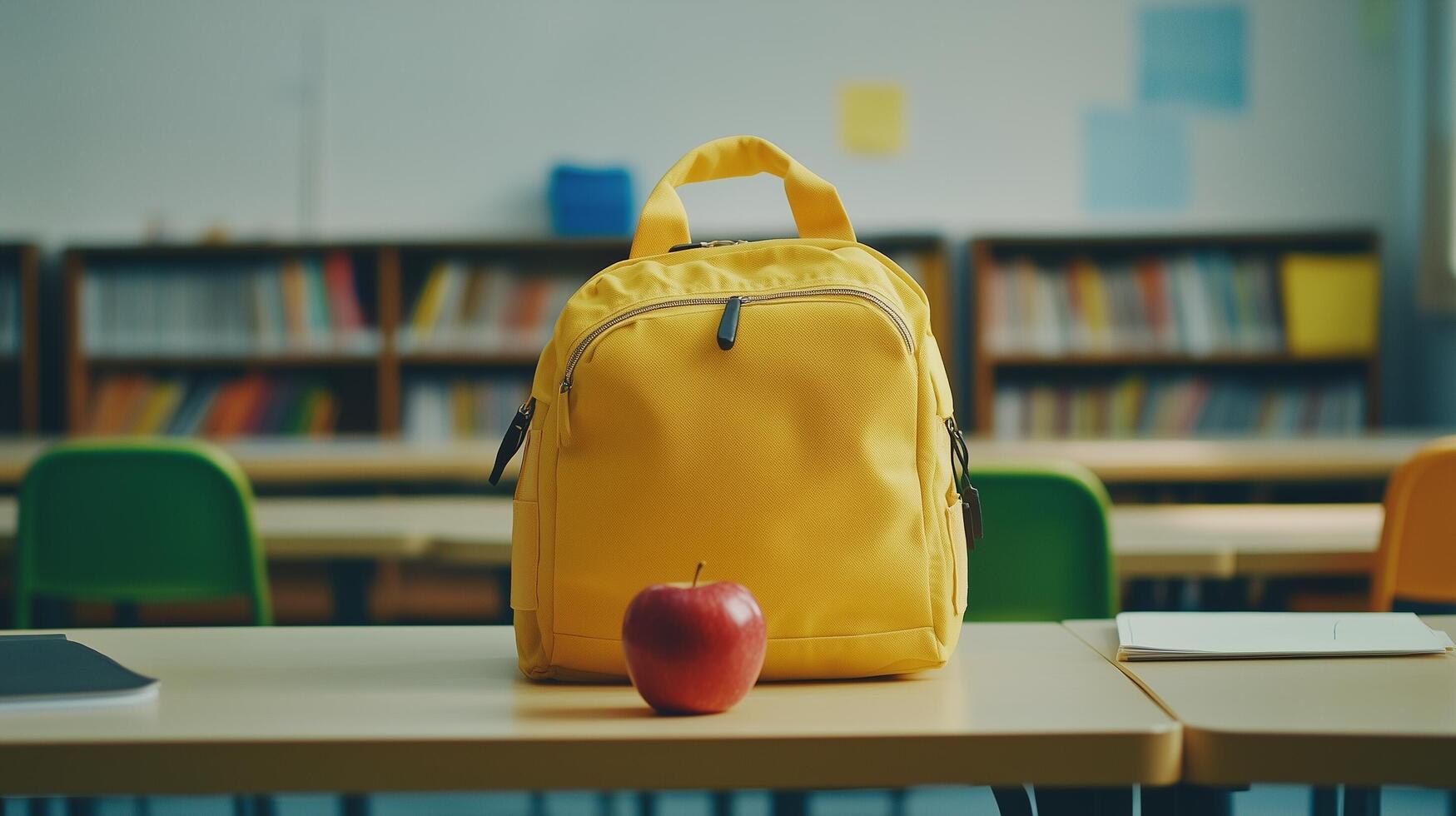 Bright yellow backpack with red apple on desk in classroom with bookshelves in background photo