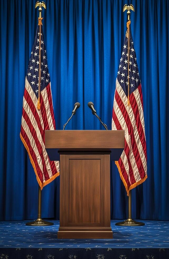 Podium setup with American flags for a formal event in a blue backdrop photo