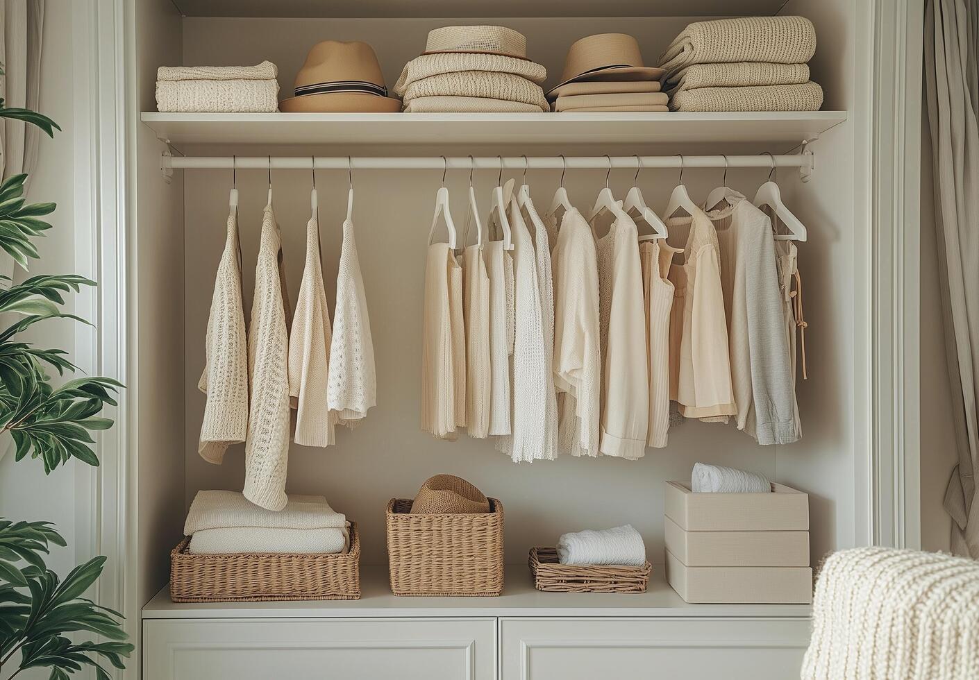 Neatly organized closet showcasing a variety of neutral-toned clothing and accessories photo