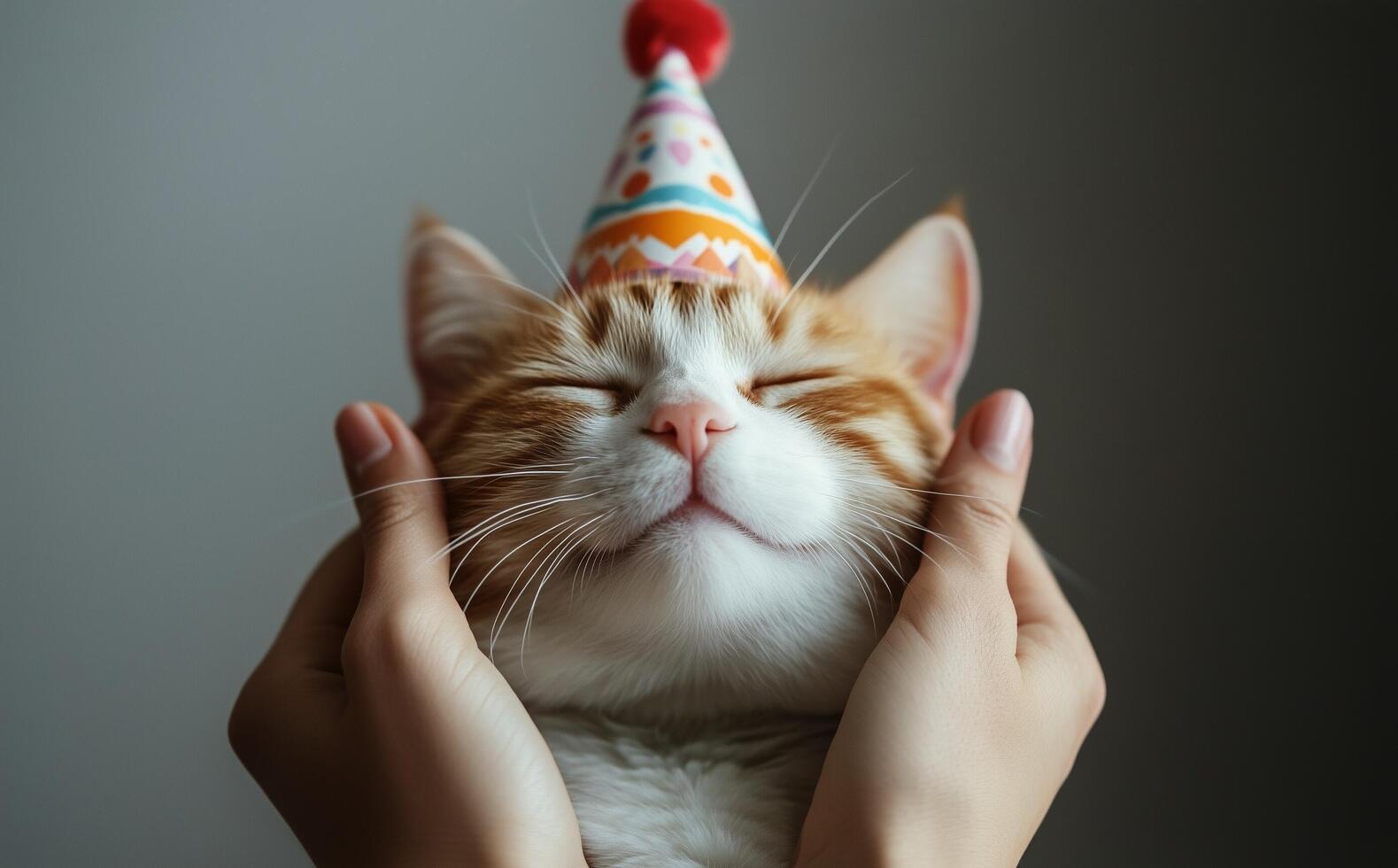 Happy cat celebrates with a party hat and joyful expression during a special occasion photo