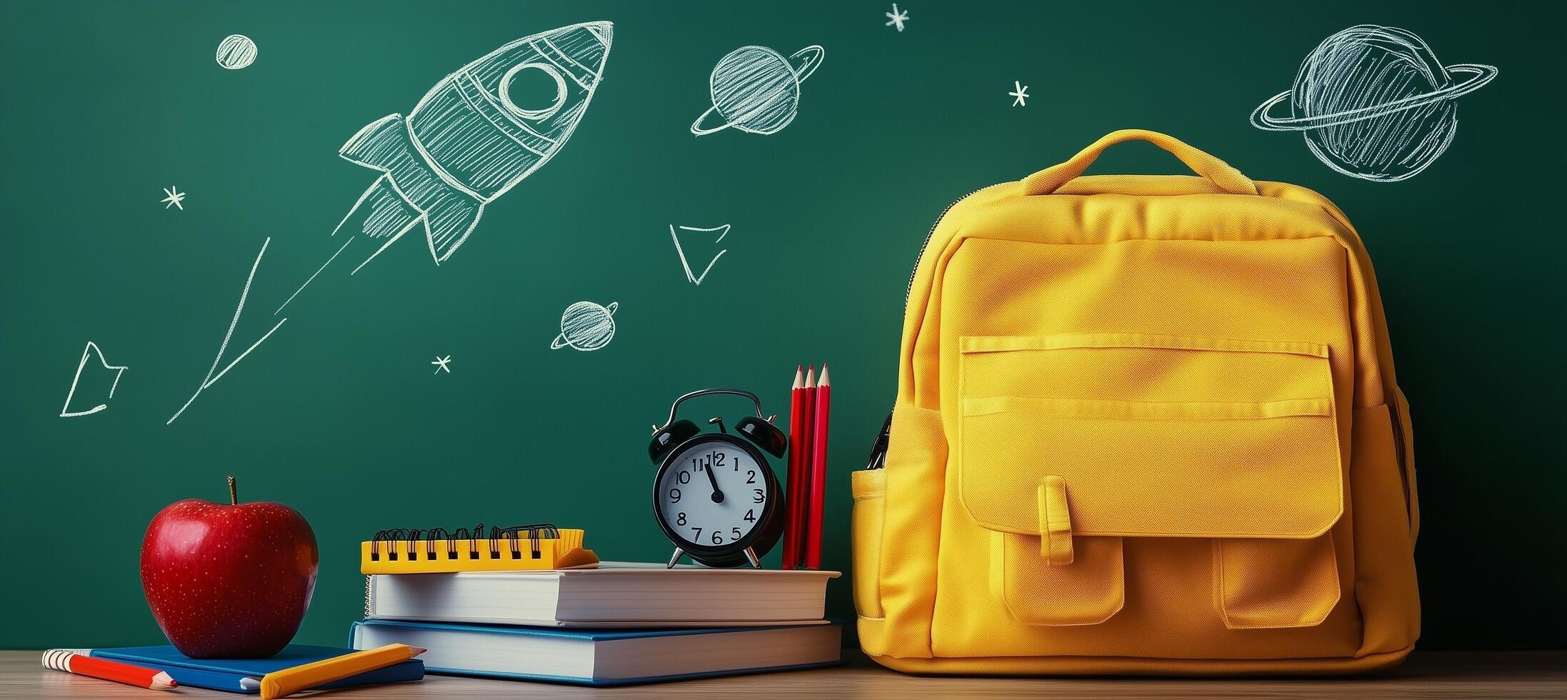 Bright yellow backpack with school supplies on desk against chalkboard with space theme in classroom photo