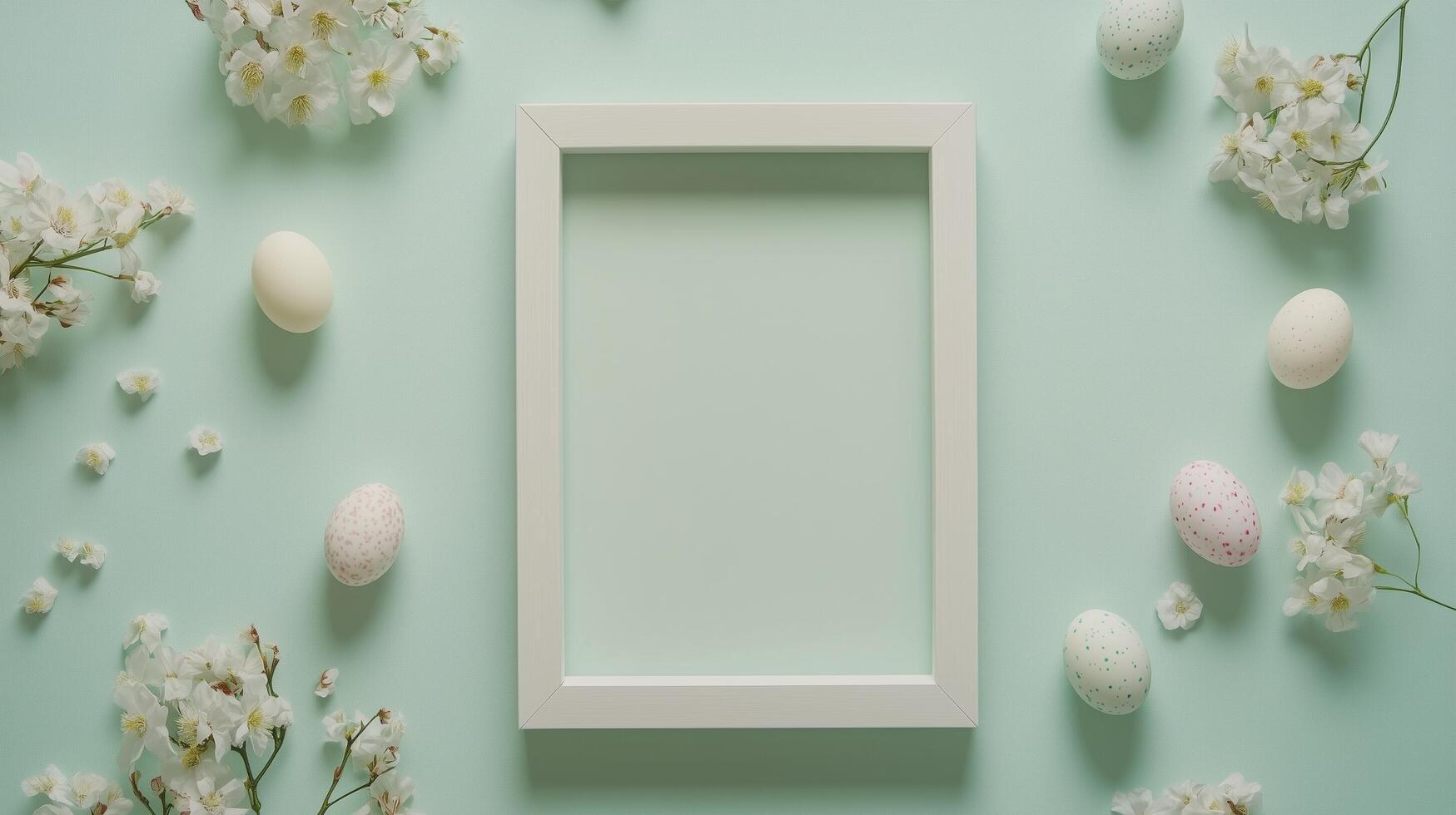White frame surrounded by pastel eggs and spring flowers on a light green background photo