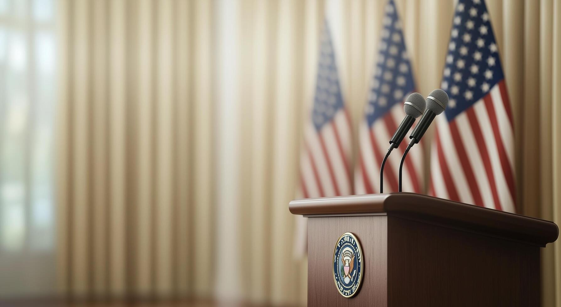 Presidential podium with flags in a formal setting before a press conference photo