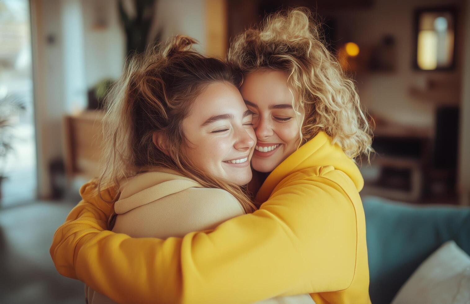 Two friends sharing a warm hug indoors during a cozy afternoon photo
