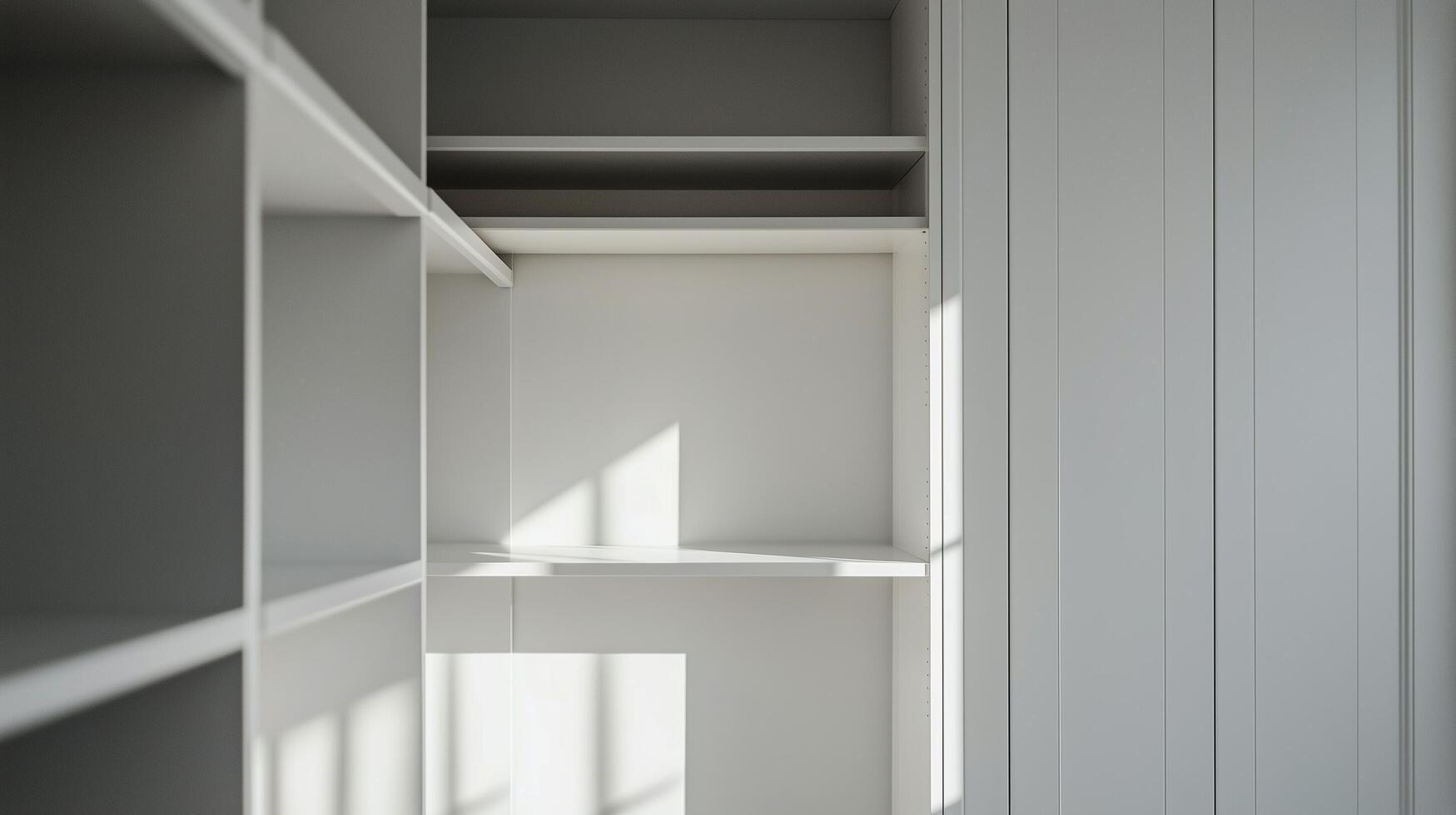 Minimalist interior with open shelving and soft sunlight illuminating the room photo