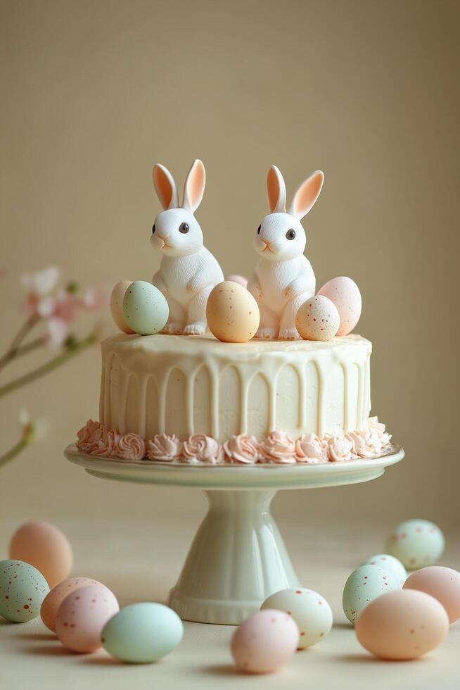 Easter cake decorated with bunnies and pastel eggs on a stand in a soft setting photo