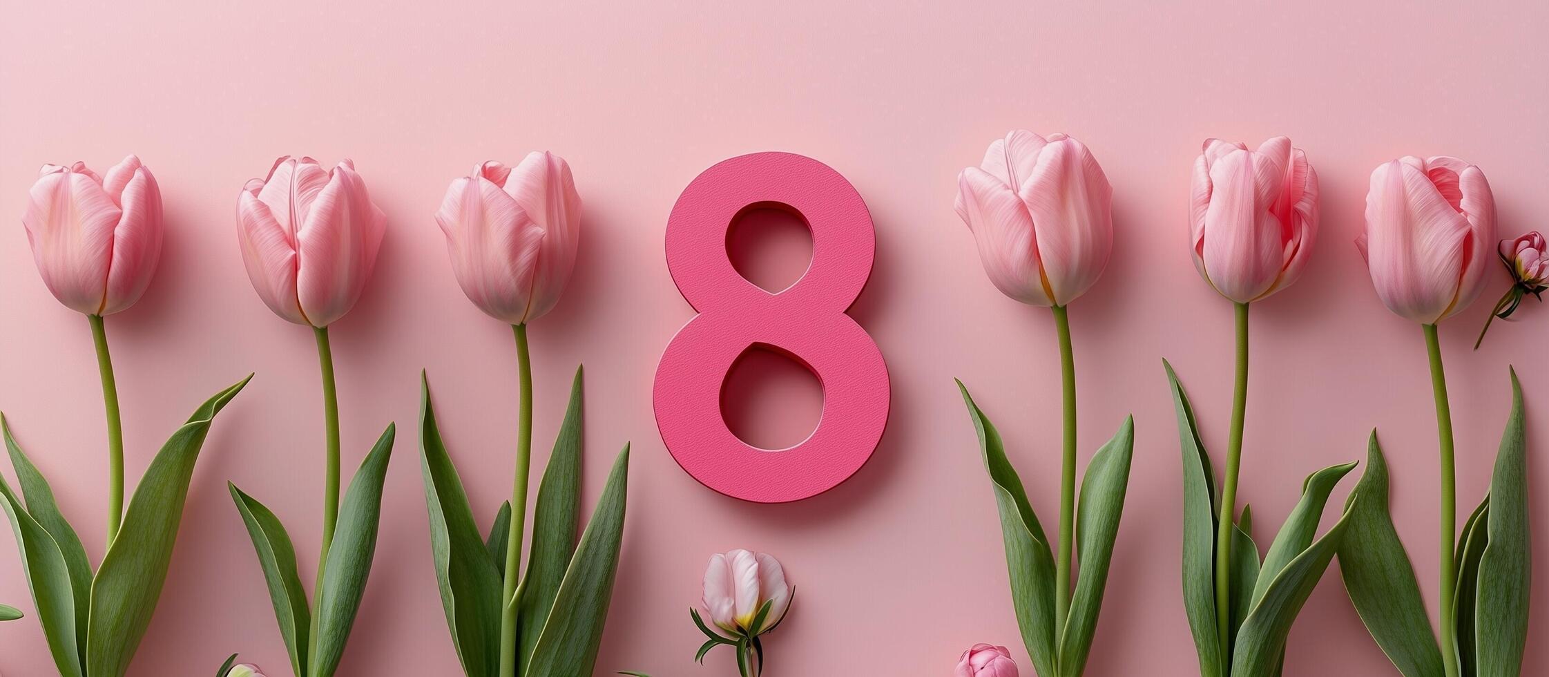 Colorful pink tulips surround a bold number eight against a soft pink background for celebration photo