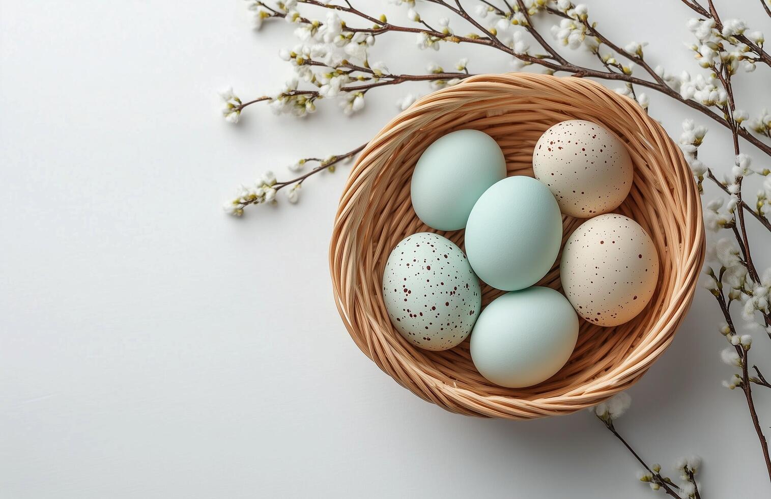 Decorative pastel eggs in a woven basket with delicate blooming branches during spring season photo